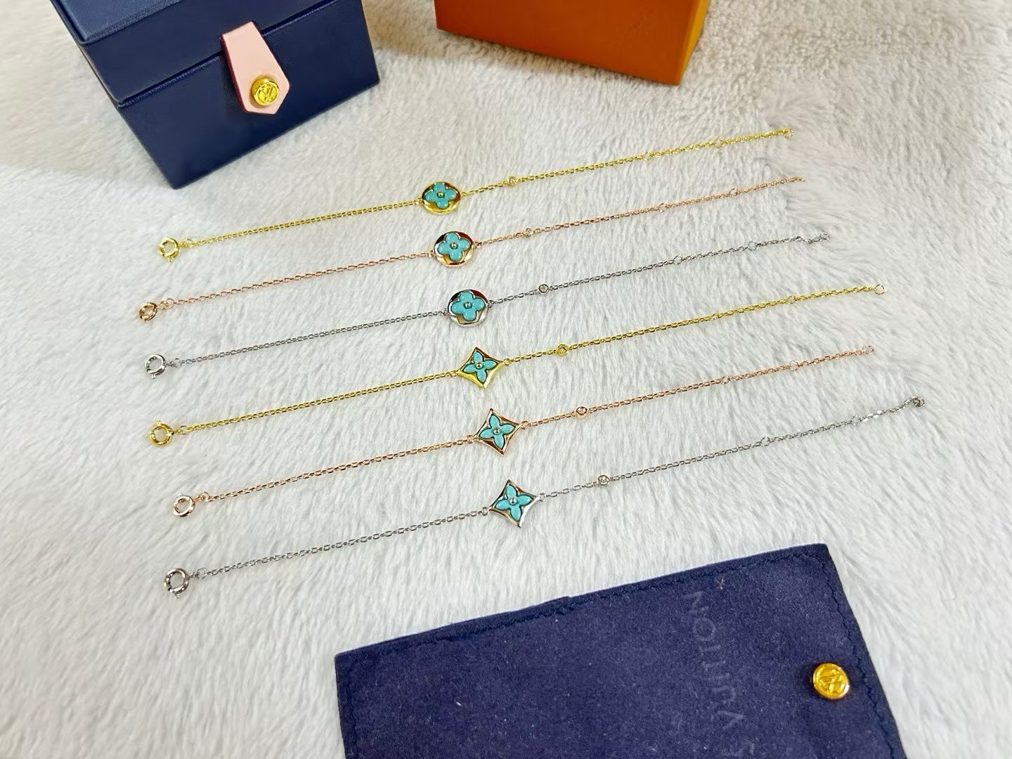 Turquoise Motif Bracelet Clover & Star Charms on Gold, Rose Gold & Silver Chains