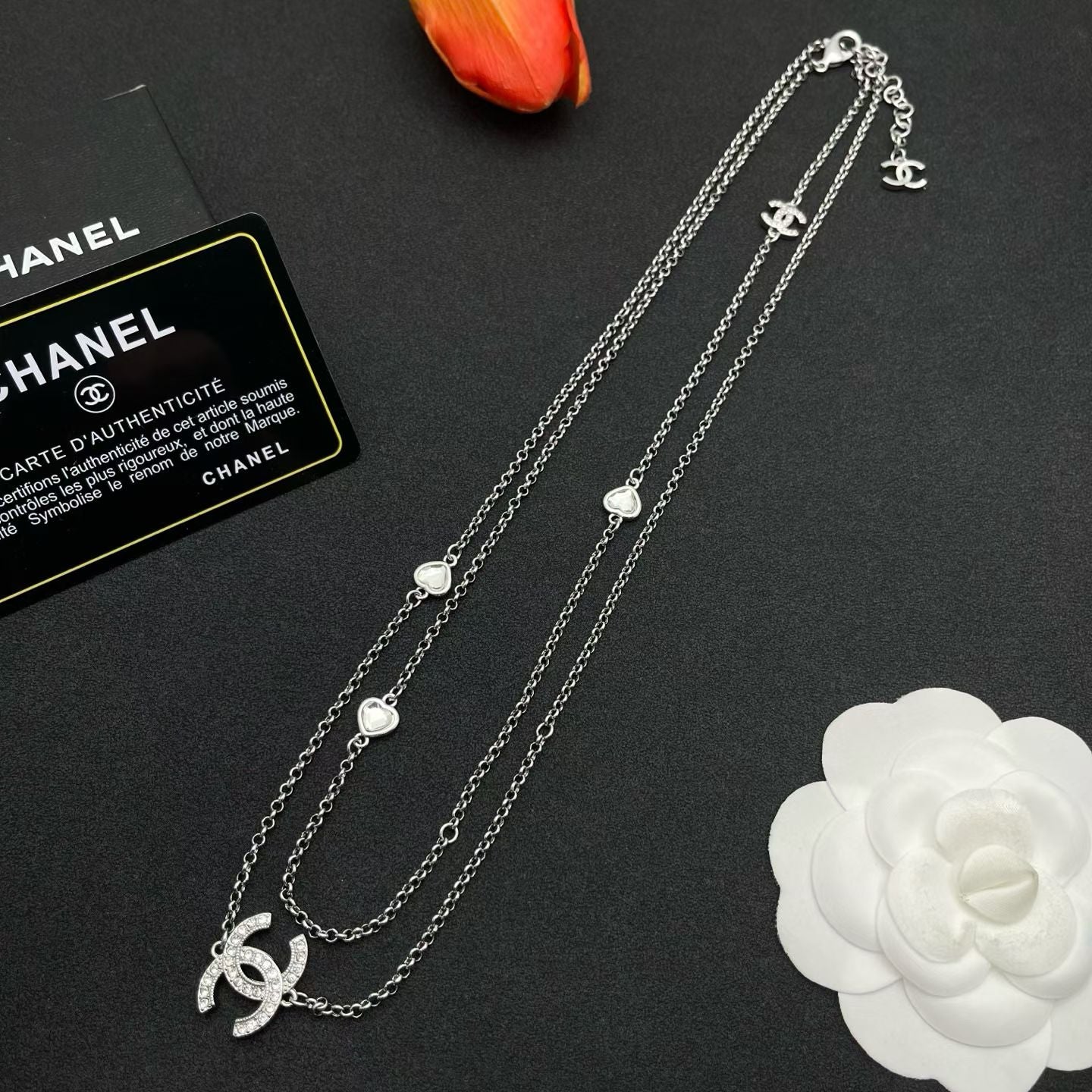 Chanel Layered CC Necklace – Silver Chains with Crystal-Encrusted Logo & Camellia Motif