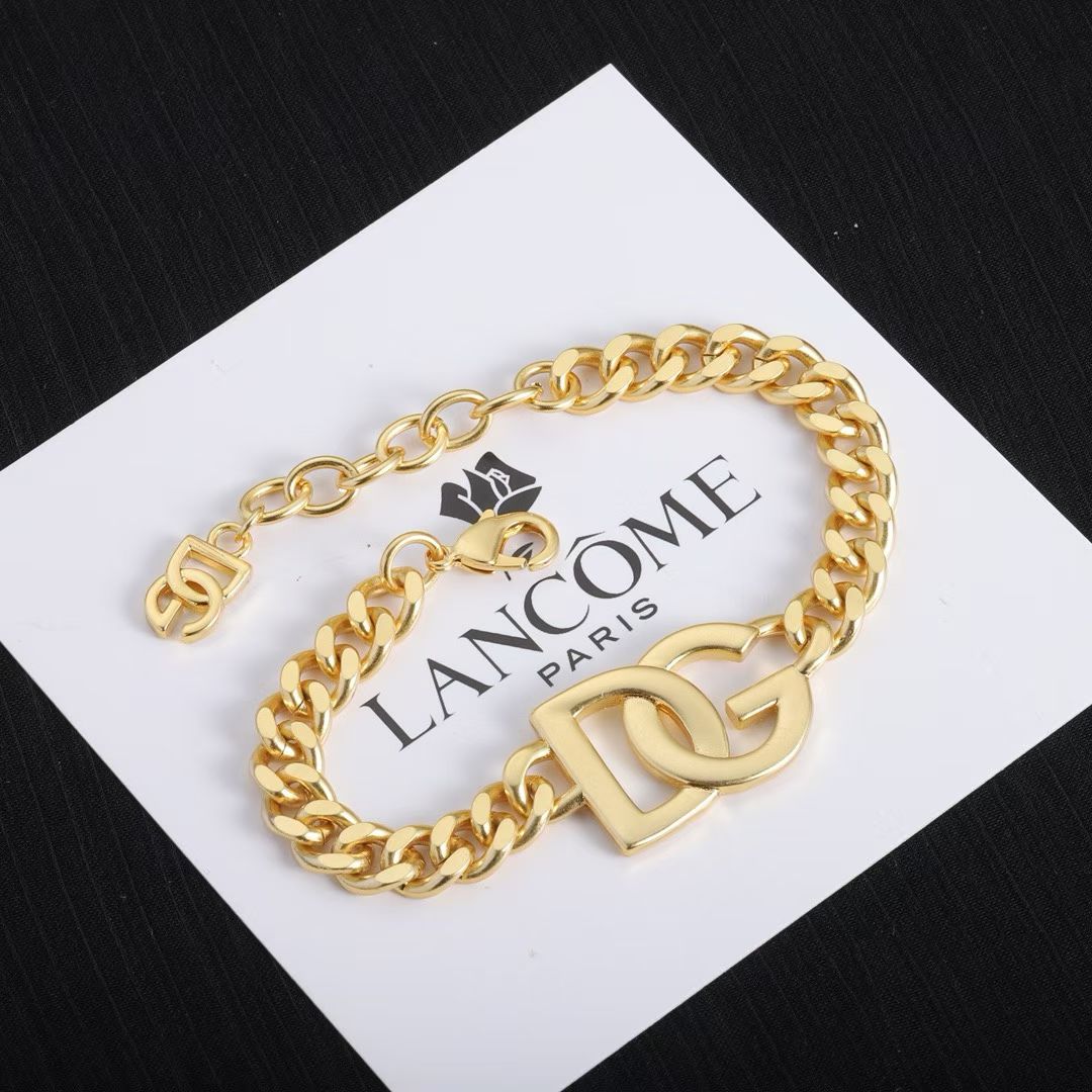 DG Gold Jewelry Set Curb Chain Necklace & Bracelet with Logo Charms