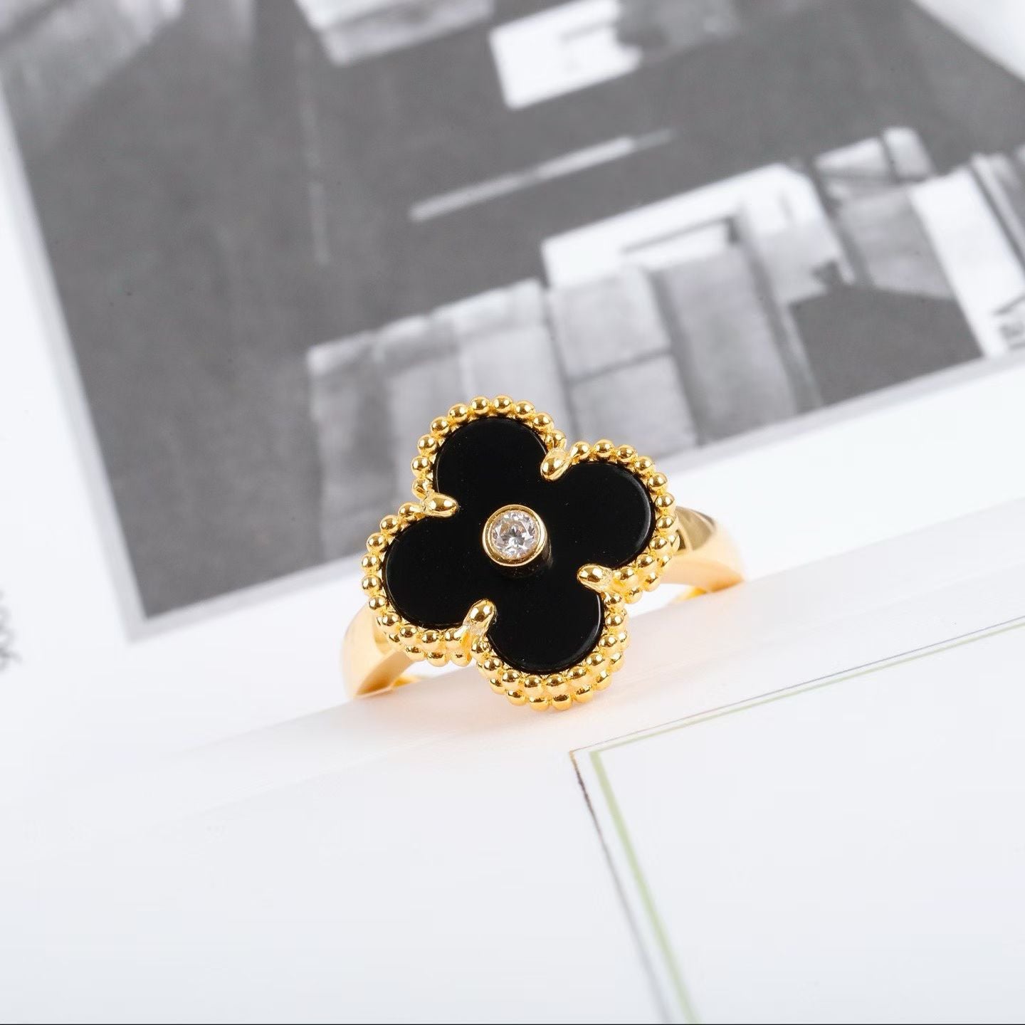 Van Cleef-Inspired Clover Ring Collection – Gold Bands with Colored Petals & Gem Centers