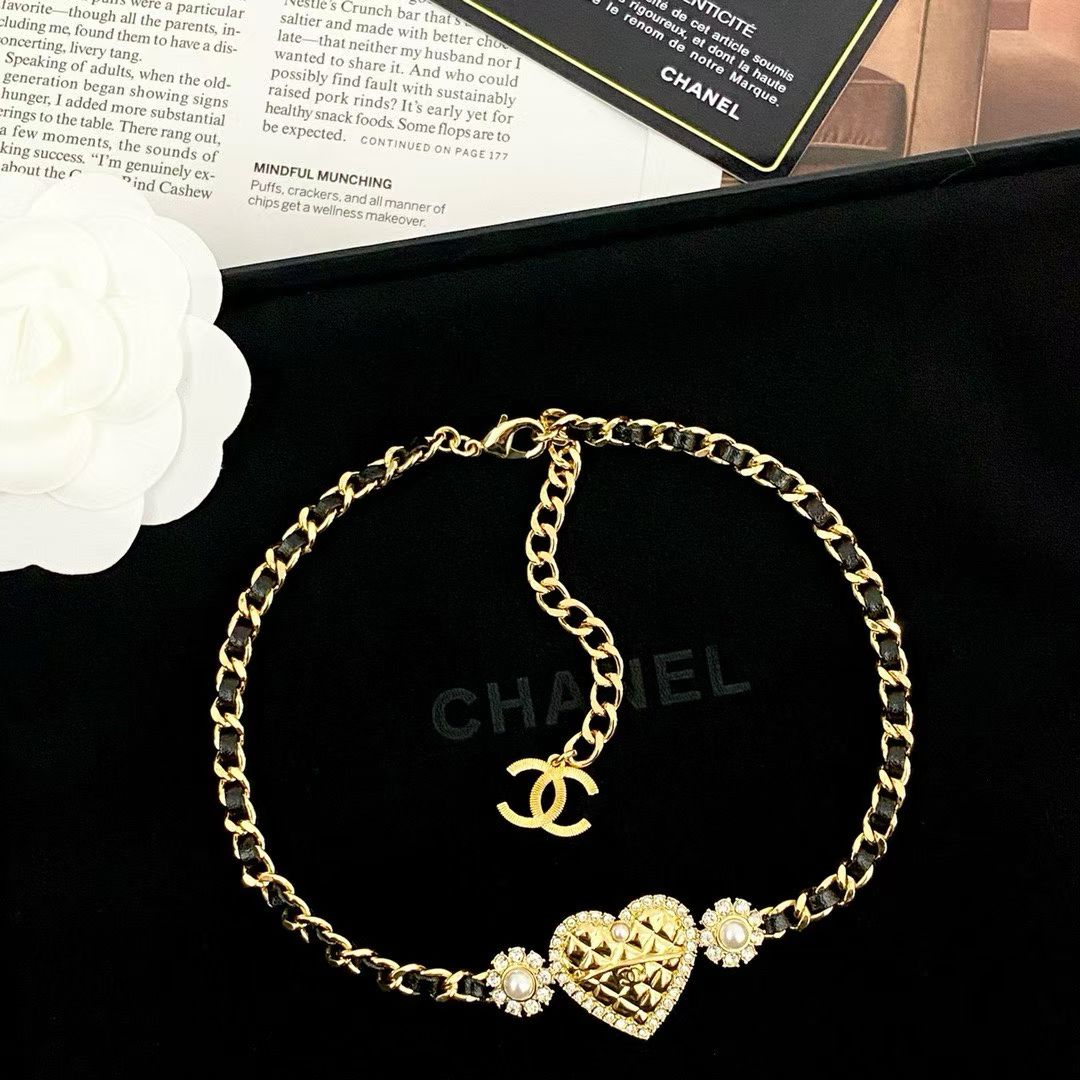 Chanel Gold Heart Necklace – Camellia Flowers with Pearl Centers & CC Logo Accent