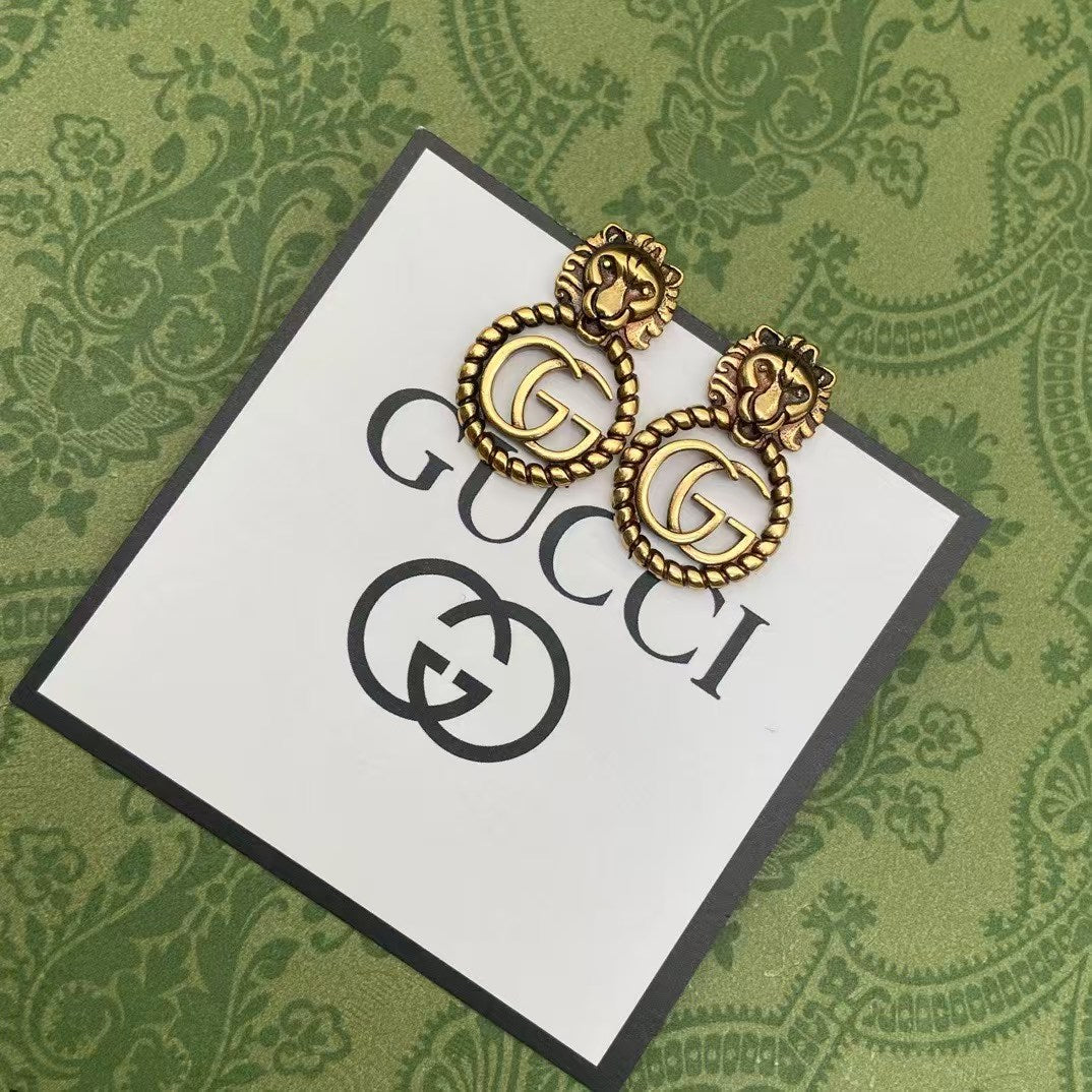 Gucci Lion Head Earrings – Gold-Tone Drop Design with Double-G Logo