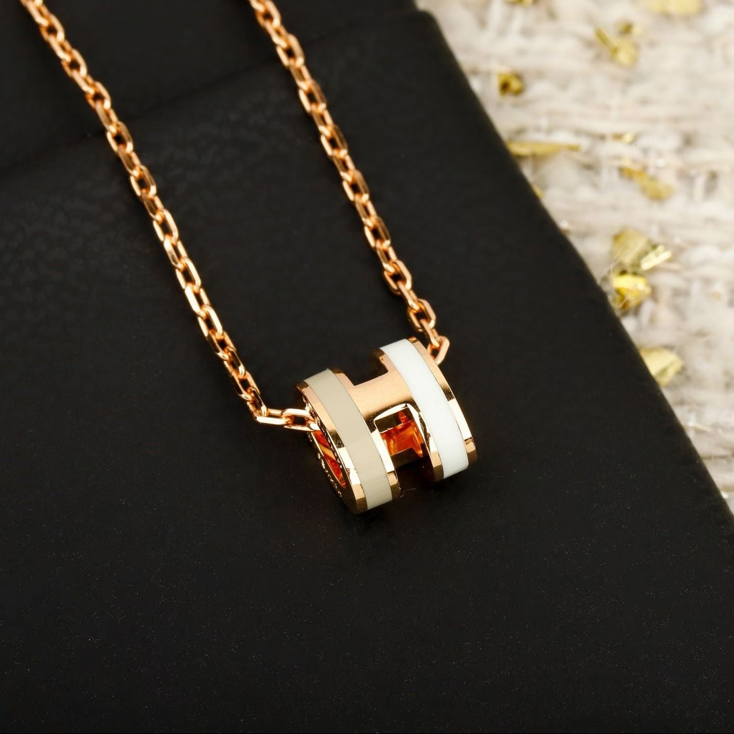 Hermès-Inspired “H” Pendant Necklace Barrel Enamel Design in Pink & White with Gold Chains