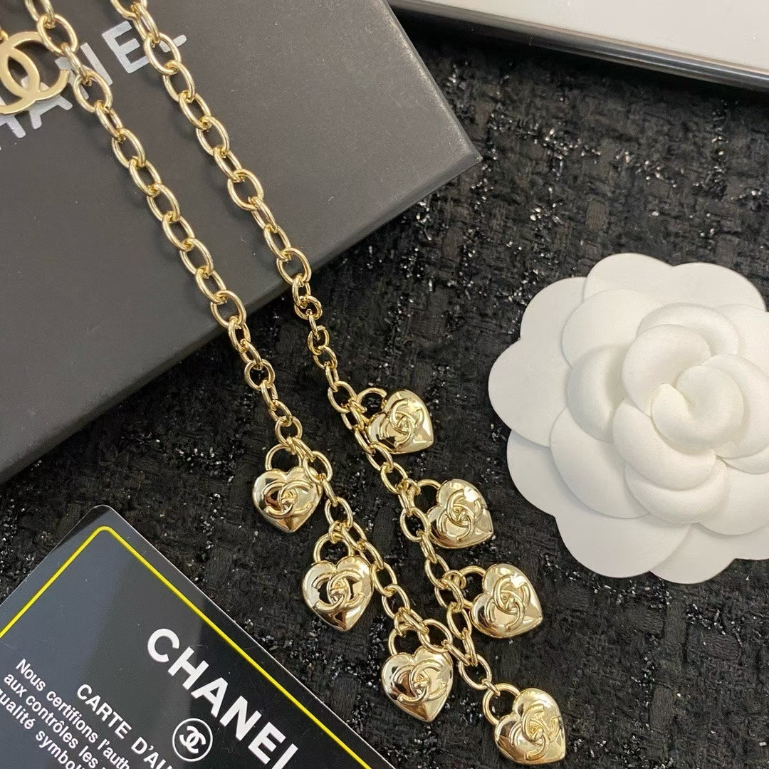 Chanel Heart Charm Necklace – Gold-Tone Chain with Embossed Double-C Logo
