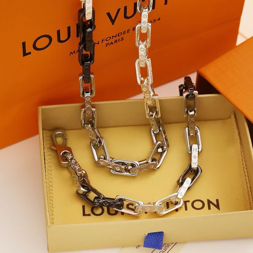 Louis Vuitton Mixed-Metal Chain Necklace – Silver, Gold & Black Links with LV Engraving