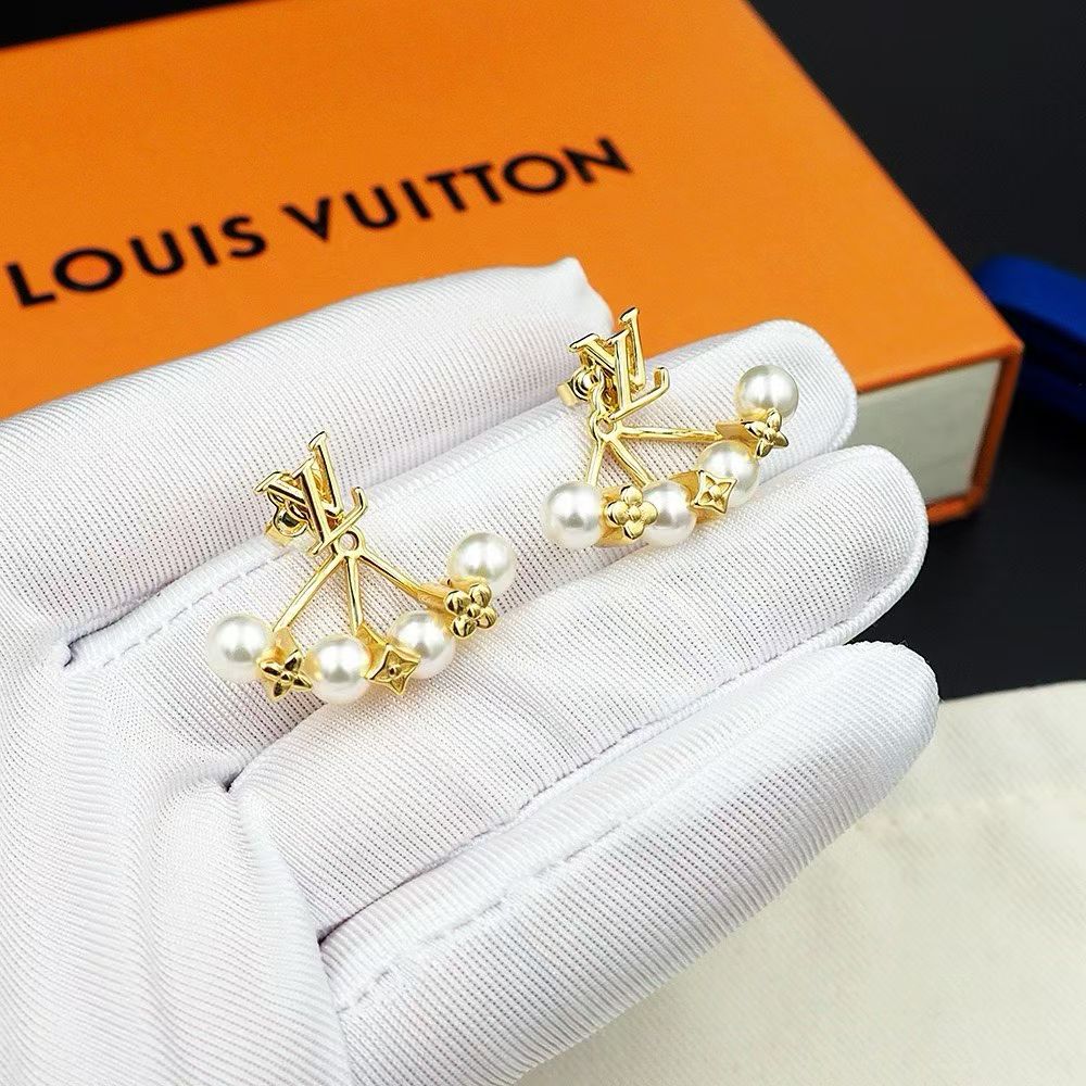 Louis Vuitton Gold Earrings Pearl Trio with Monogram Star & Flower Charms