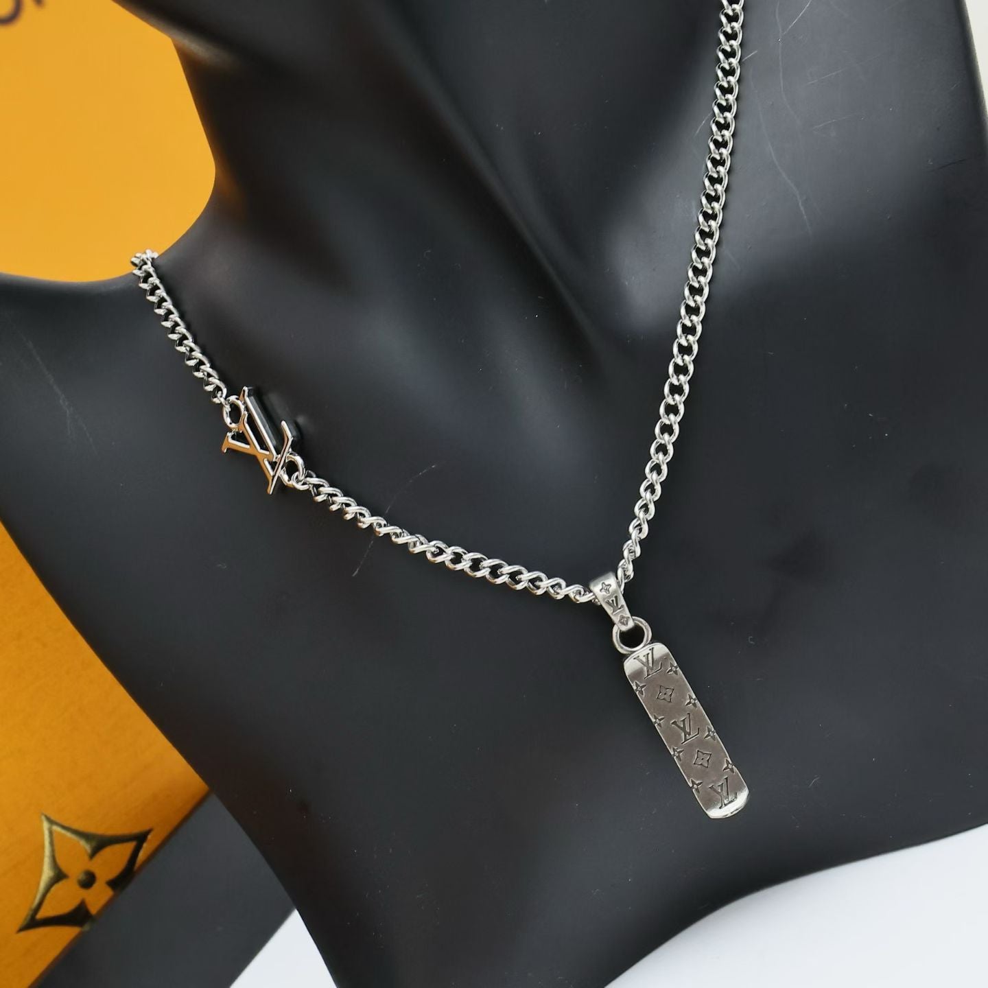 Louis Vuitton Silver Chain Necklace LV Logo Pendant with Engraved Tag