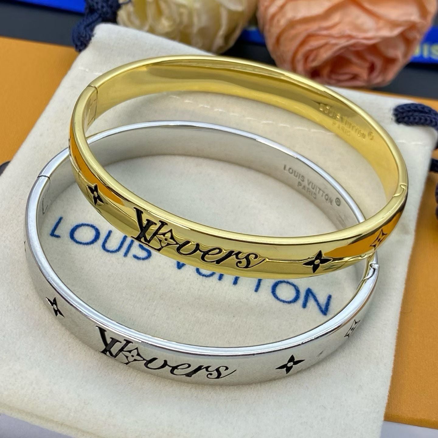 Louis Vuitton “LVers” Bangle – Gold & Silver with Monogram Engraving