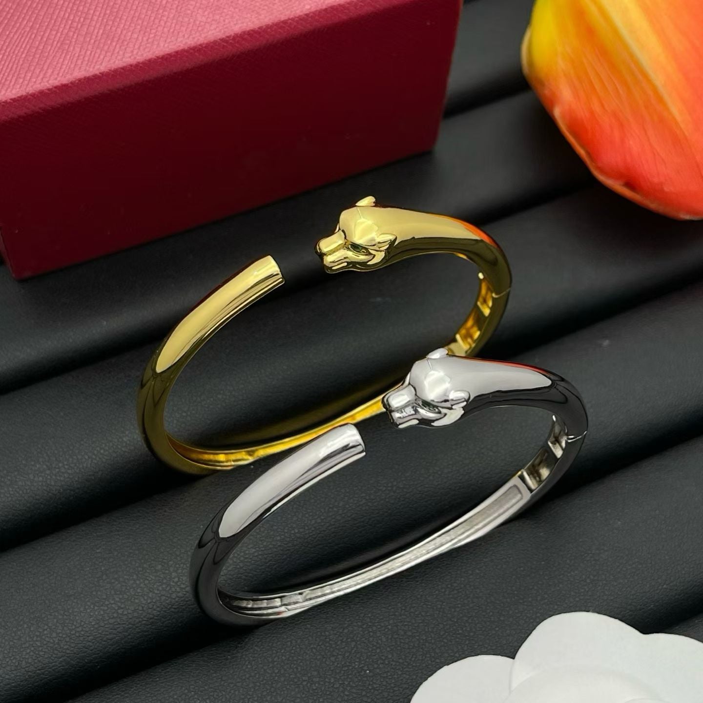 Panther Head Bracelet – Gold & Silver Open Cuff Design