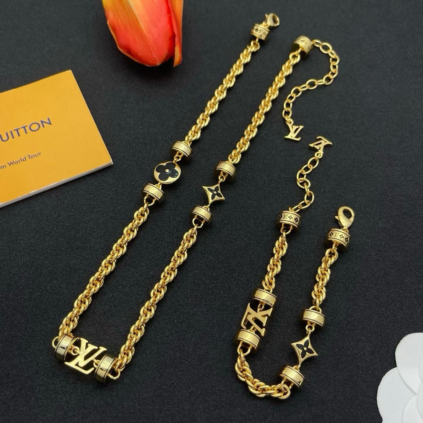 Louis Vuitton Necklace & Bracelet Set Monogram Charms