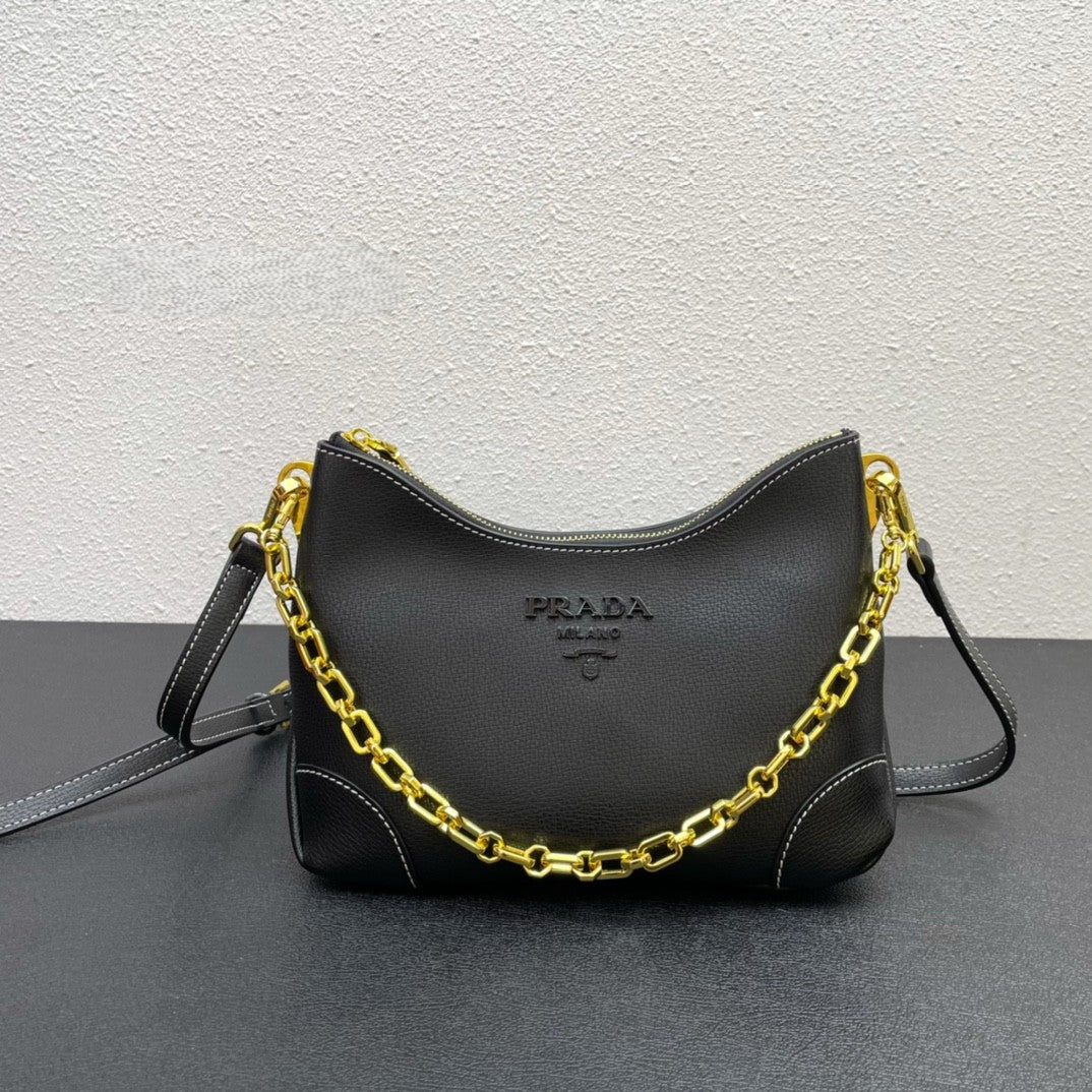 Prada Chain-Detail Handbag – Black Leather with Gold Hardware & Contrast Stitching