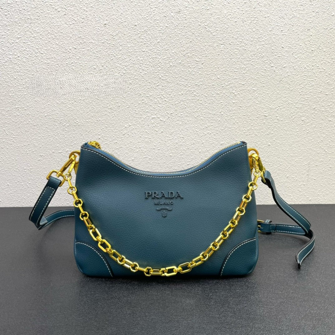 Prada Chain-Detail Handbag – Black Leather with Gold Hardware & Contrast Stitching