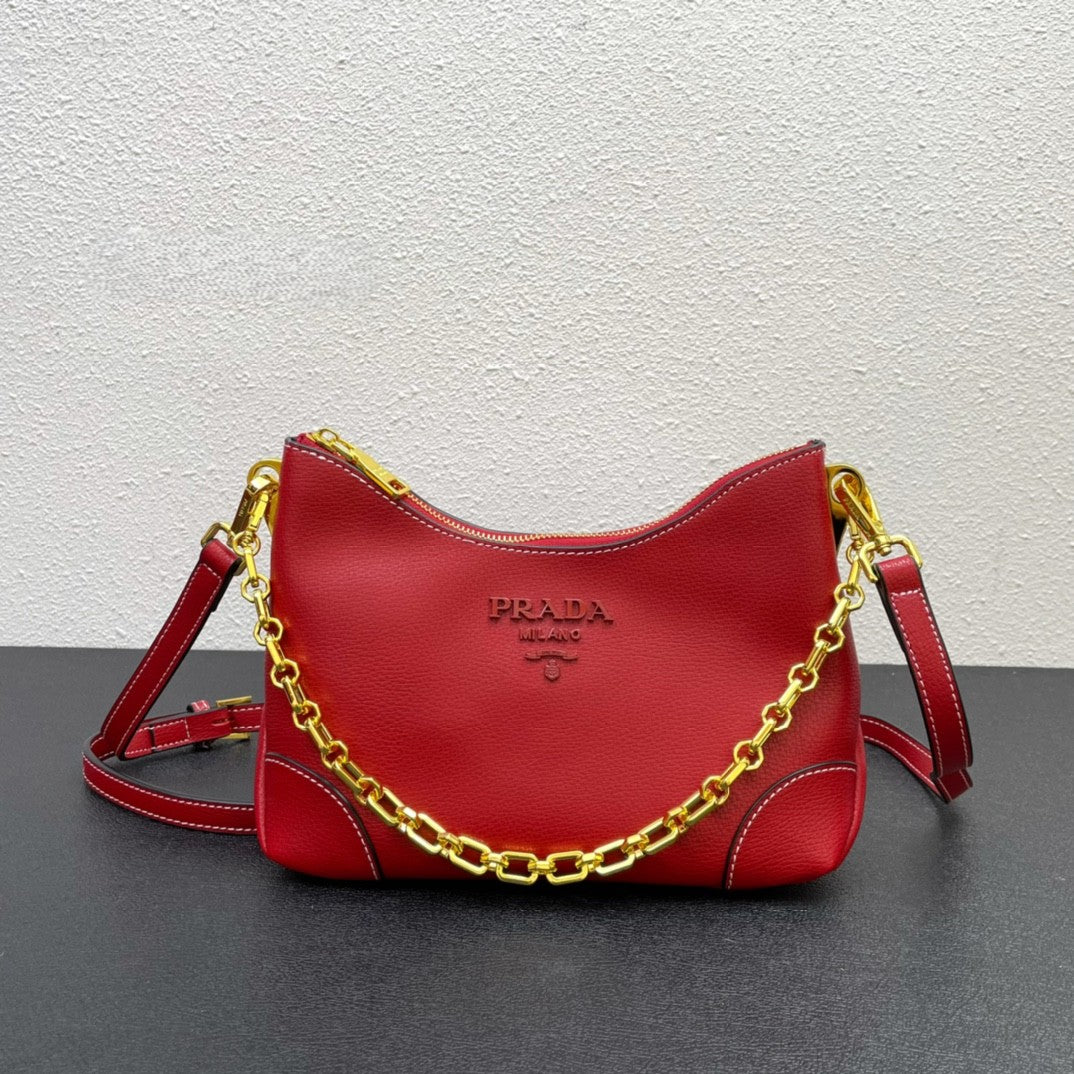 Prada Chain-Detail Handbag – Black Leather with Gold Hardware & Contrast Stitching