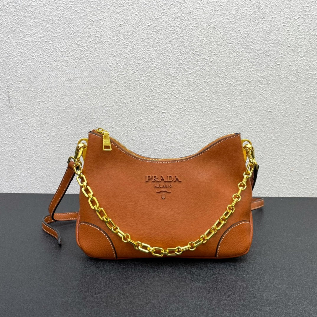 Prada Chain-Detail Handbag – Black Leather with Gold Hardware & Contrast Stitching