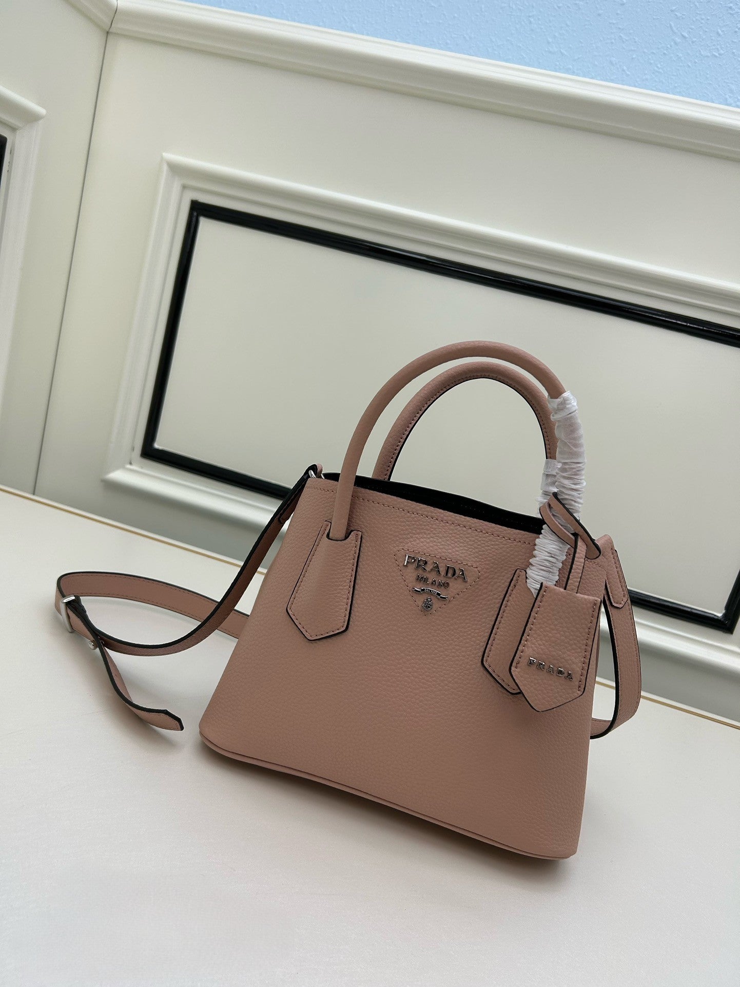 Prada Structured Leather Handbag – Black with Silver Logo & Dual Handles