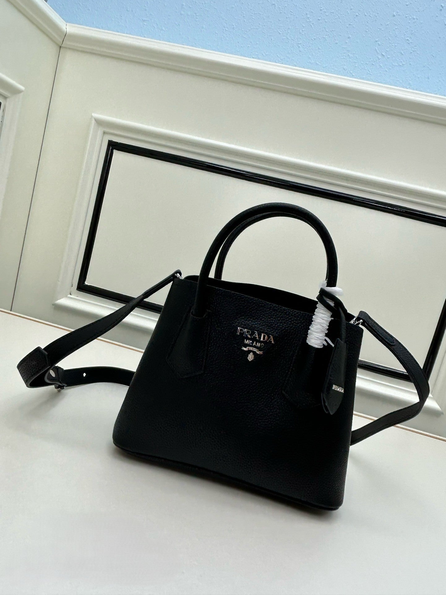 Prada Structured Leather Handbag – Black with Silver Logo & Dual Handles