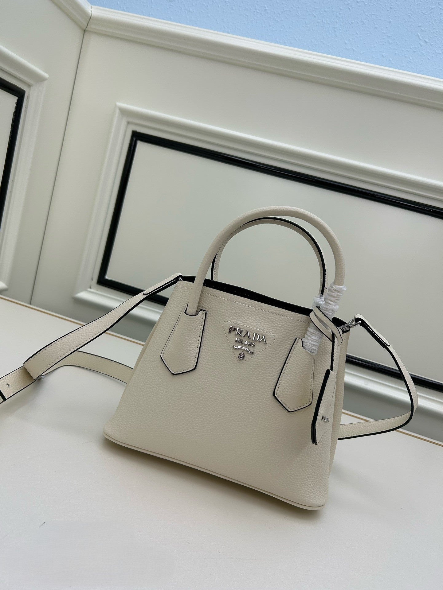 Prada Structured Leather Handbag – Black with Silver Logo & Dual Handles