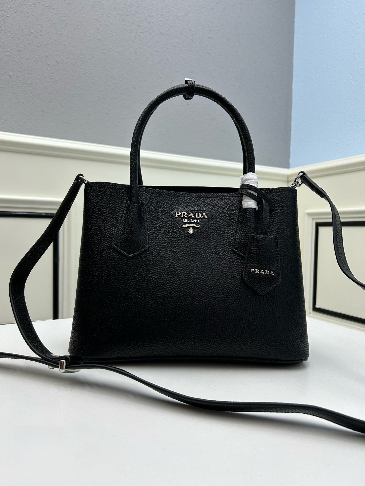 Prada Structured Leather Handbag – Black with Silver Logo & Dual Handles