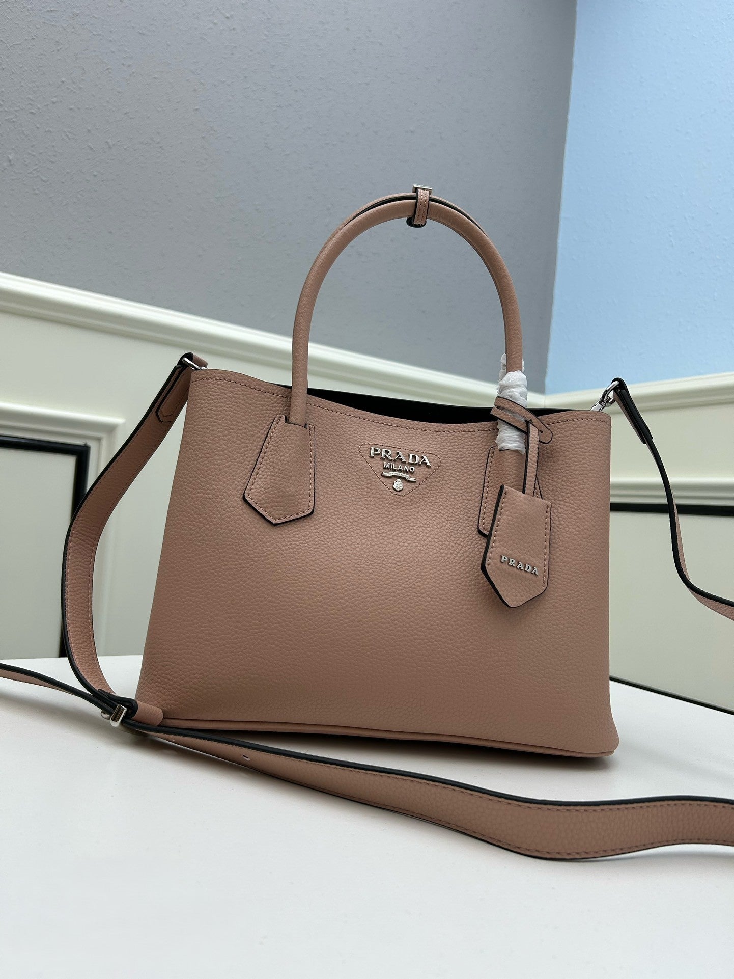 Prada Structured Leather Handbag – Black with Silver Logo & Dual Handles