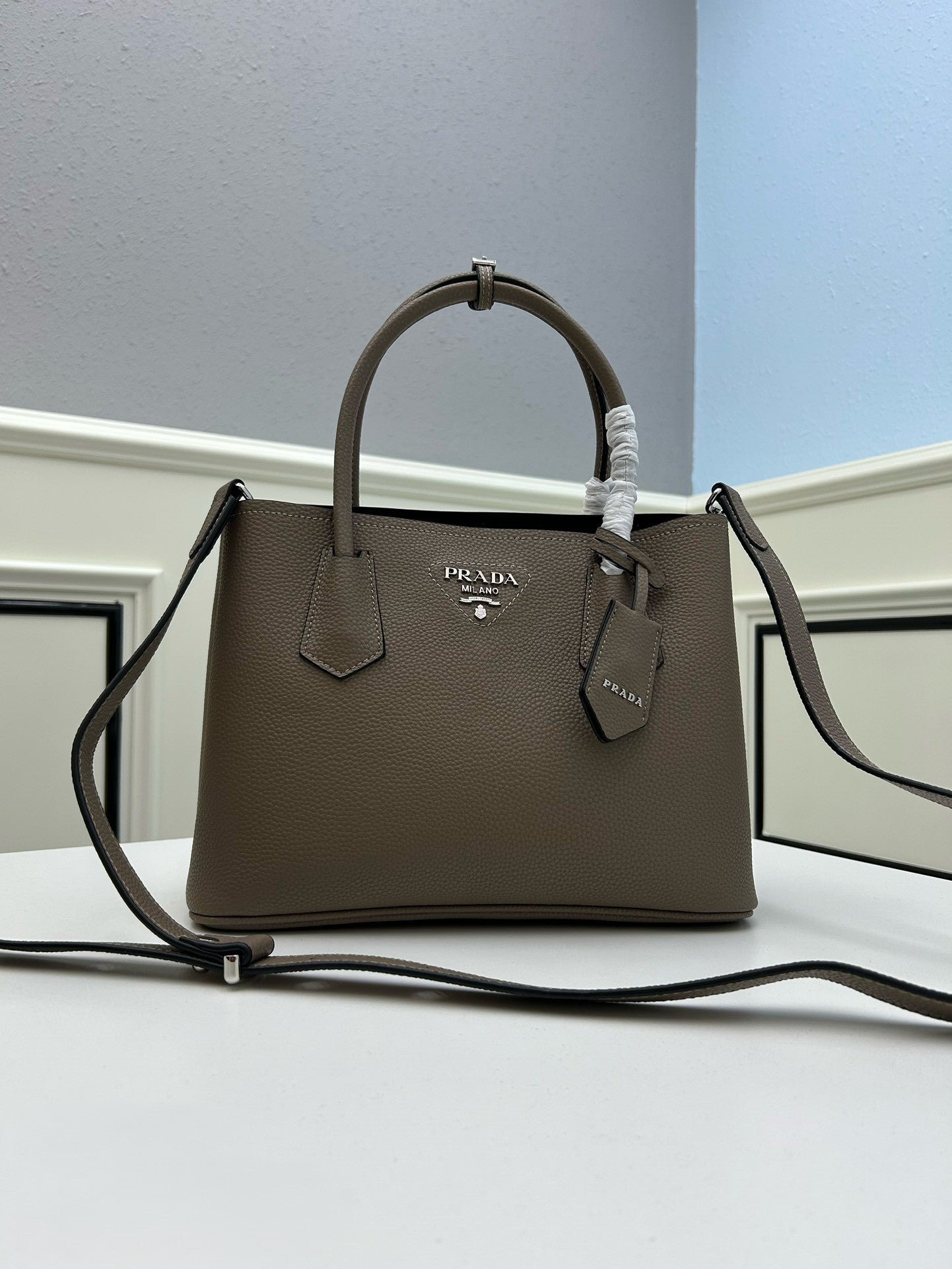 Prada Structured Leather Handbag – Black with Silver Logo & Dual Handles