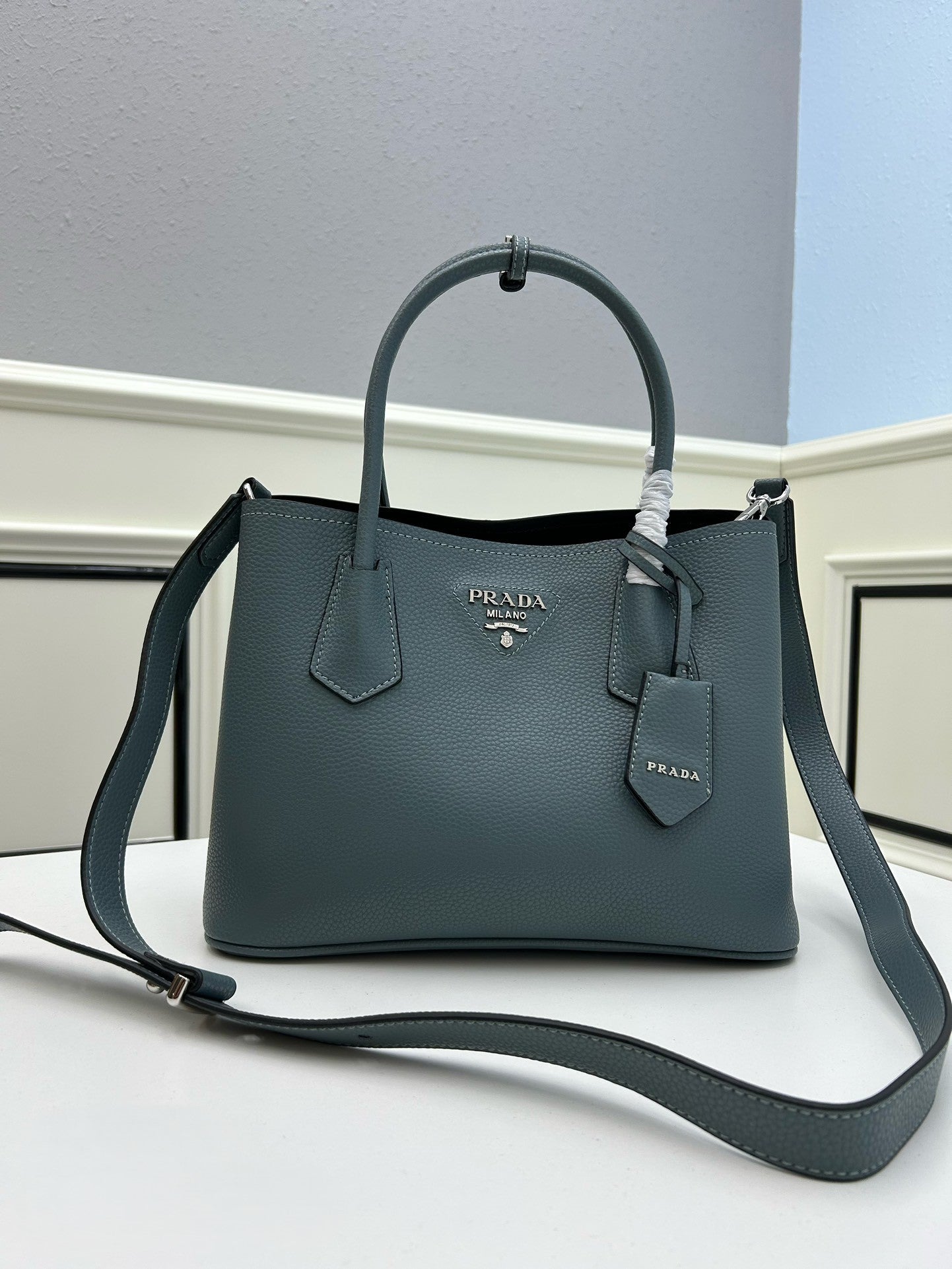 Prada Structured Leather Handbag – Black with Silver Logo & Dual Handles