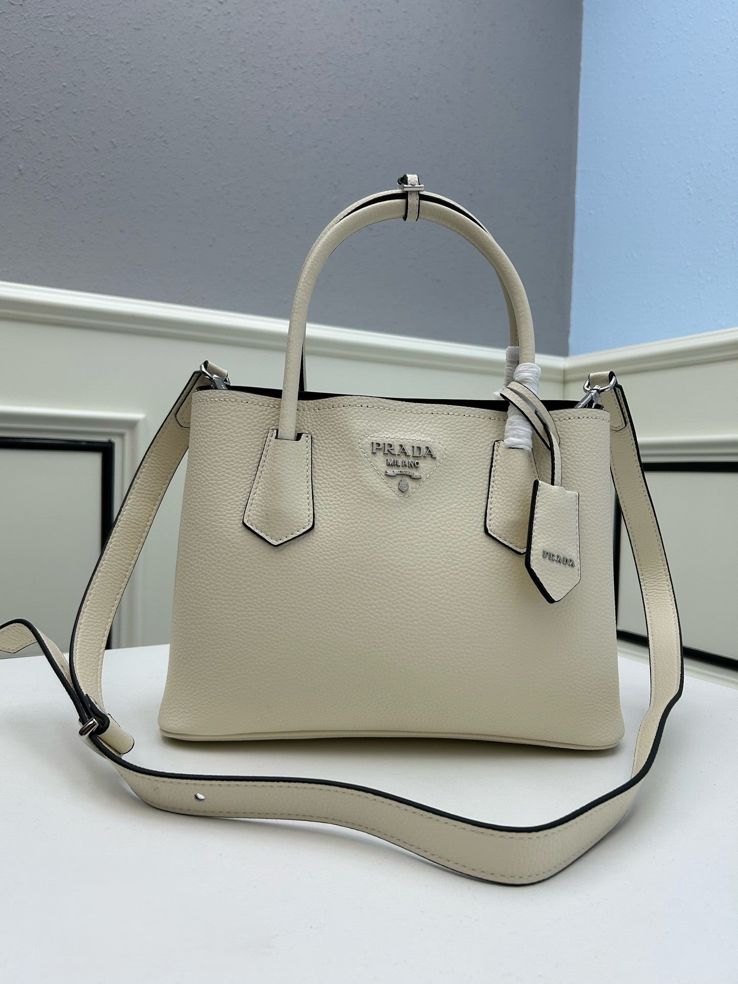 Prada Structured Leather Handbag – Black with Silver Logo & Dual Handles