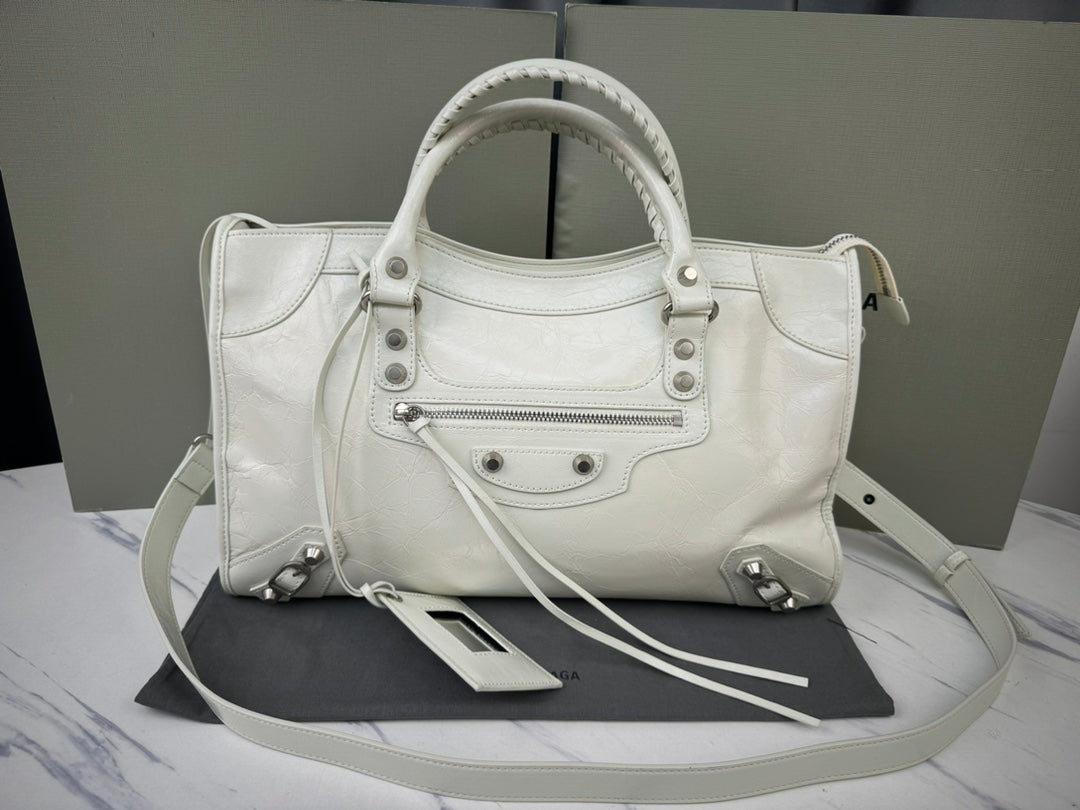 Balenciaga City Handbag White Leather with Braided Handle & Silver Hardware