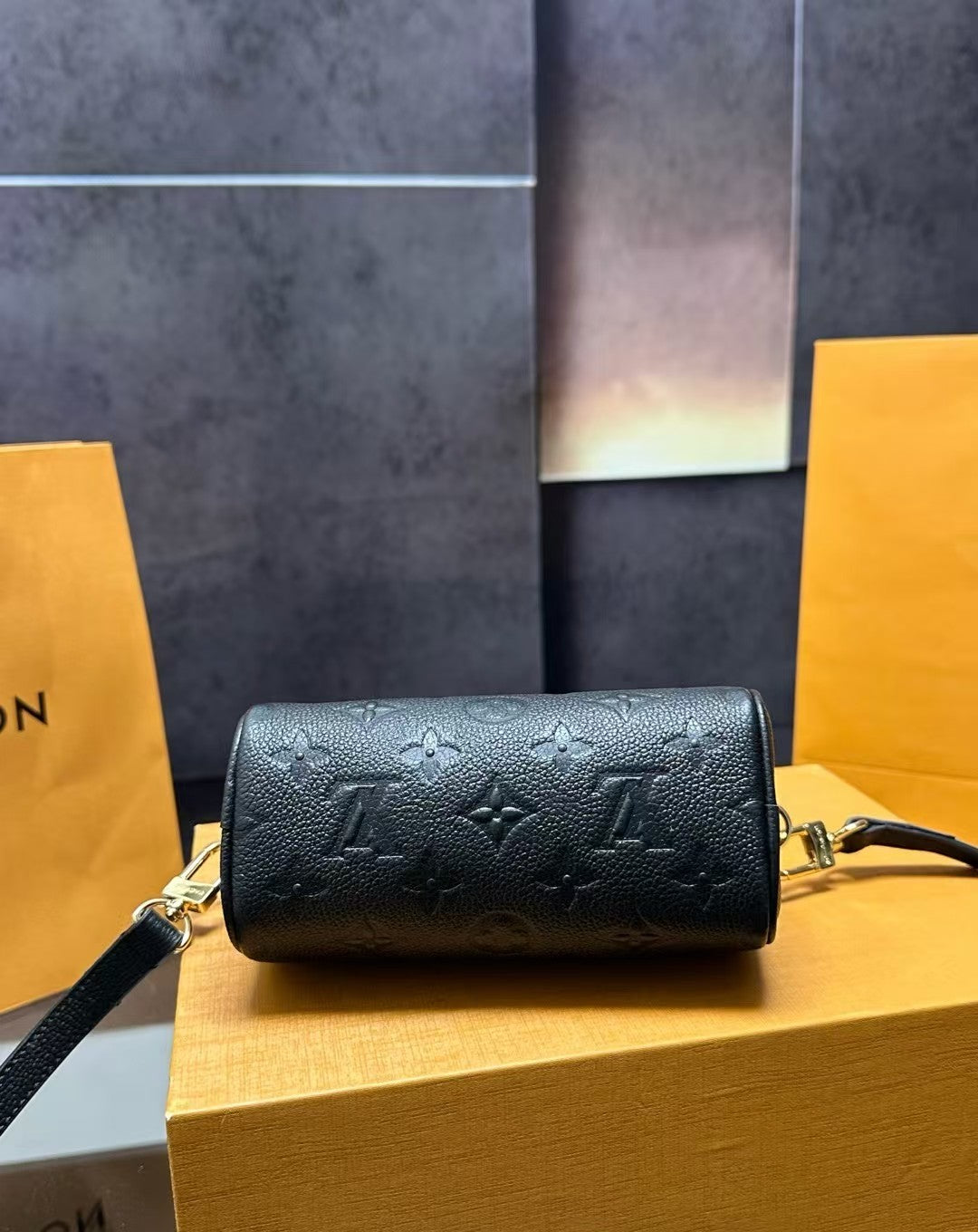 Louis Vuitton Mini Handbag – Black Embossed Monogram with Gold Hardware