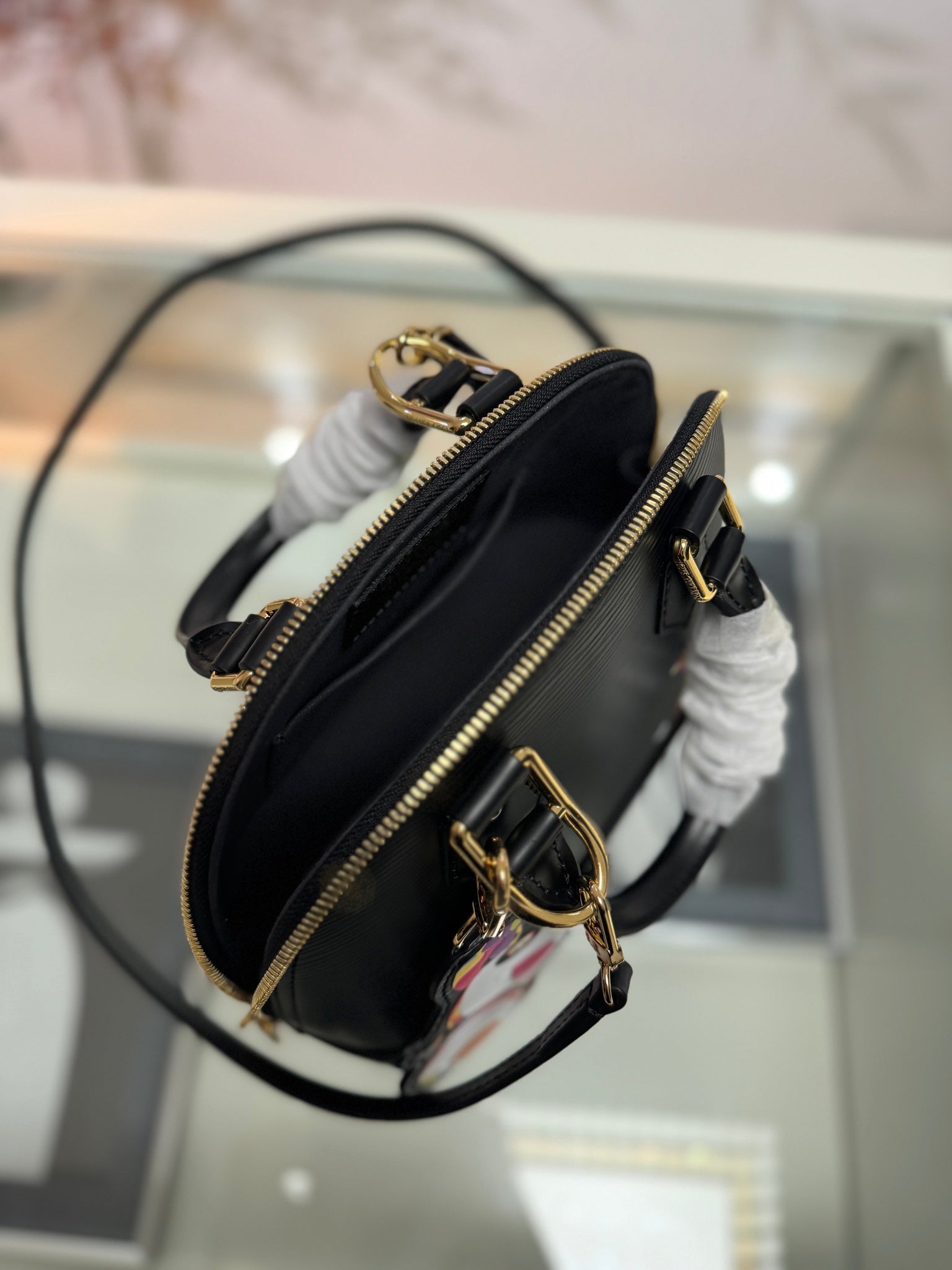 Louis Vuitton Dome Handbag – Black Leather with Gold Hardware & Colorful Patches