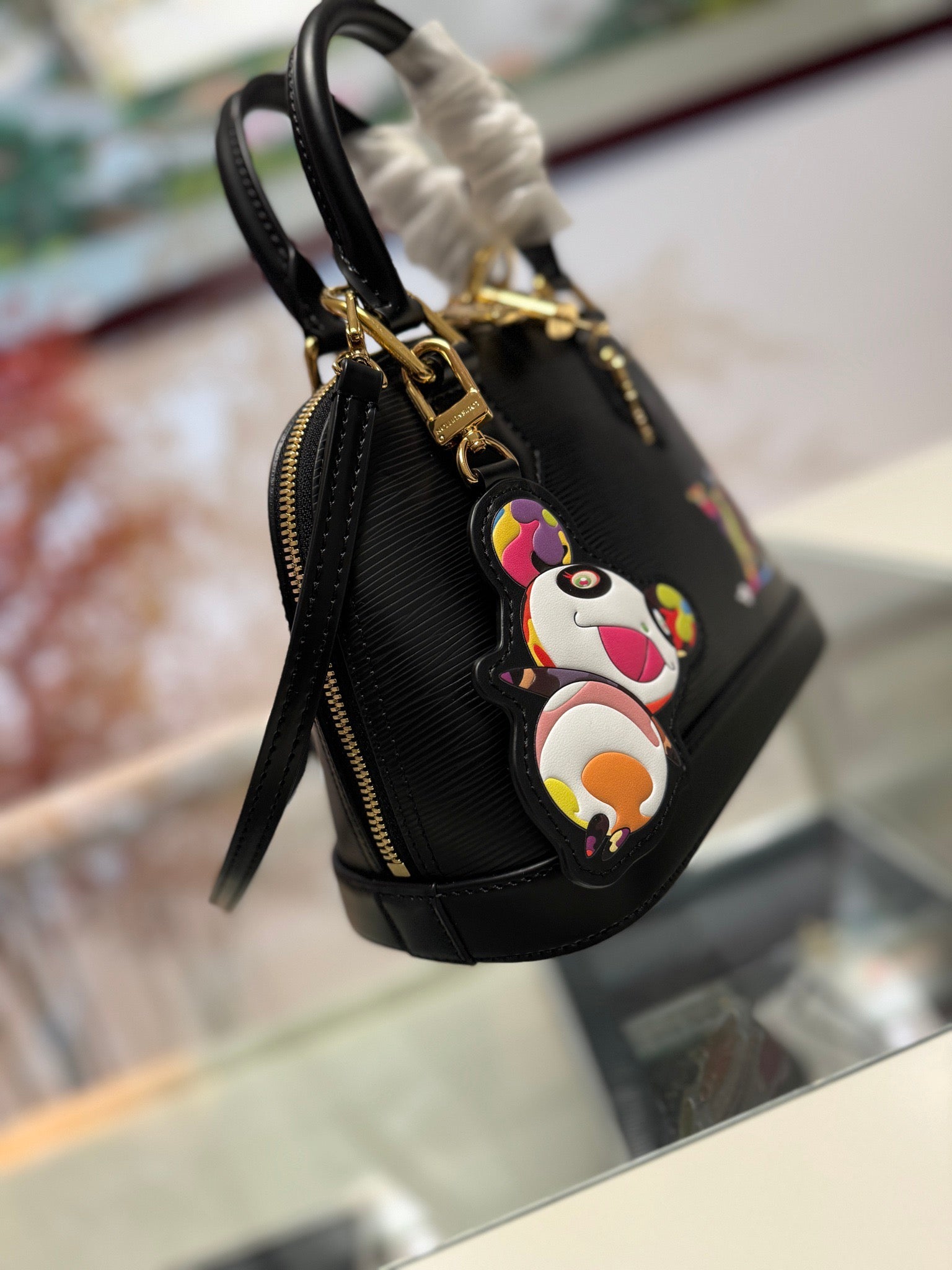 Louis Vuitton Dome Handbag – Black Leather with Gold Hardware & Colorful Patches