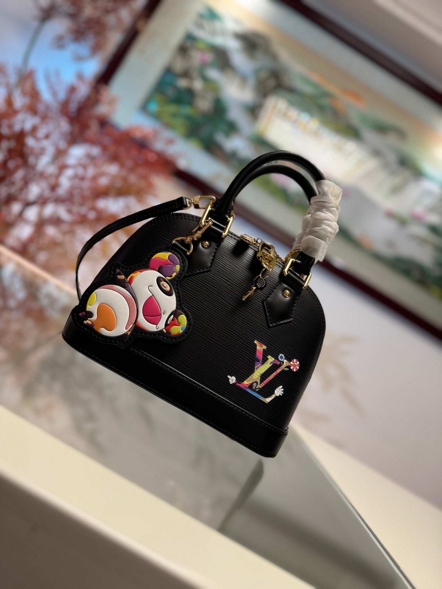 Louis Vuitton Dome Handbag – Black Leather with Gold Hardware & Colorful Patches