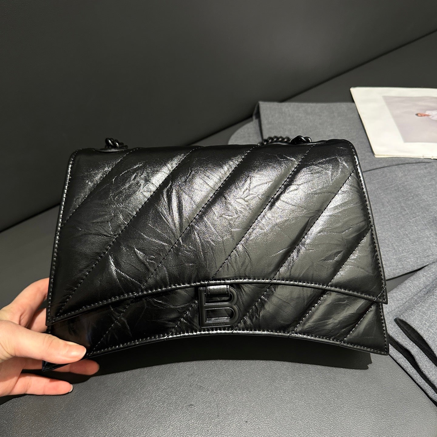 Balenciaga Quilted Chain Handbag Black Leather with Flap Closure