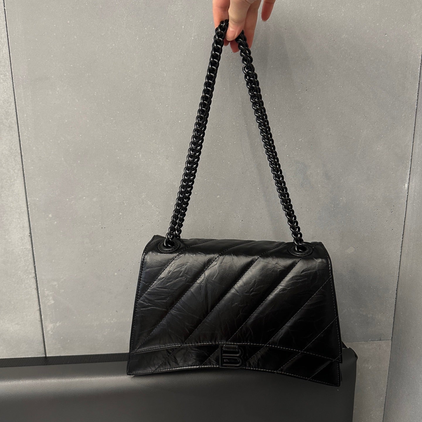 Balenciaga Quilted Chain Handbag Black Leather with Flap Closure