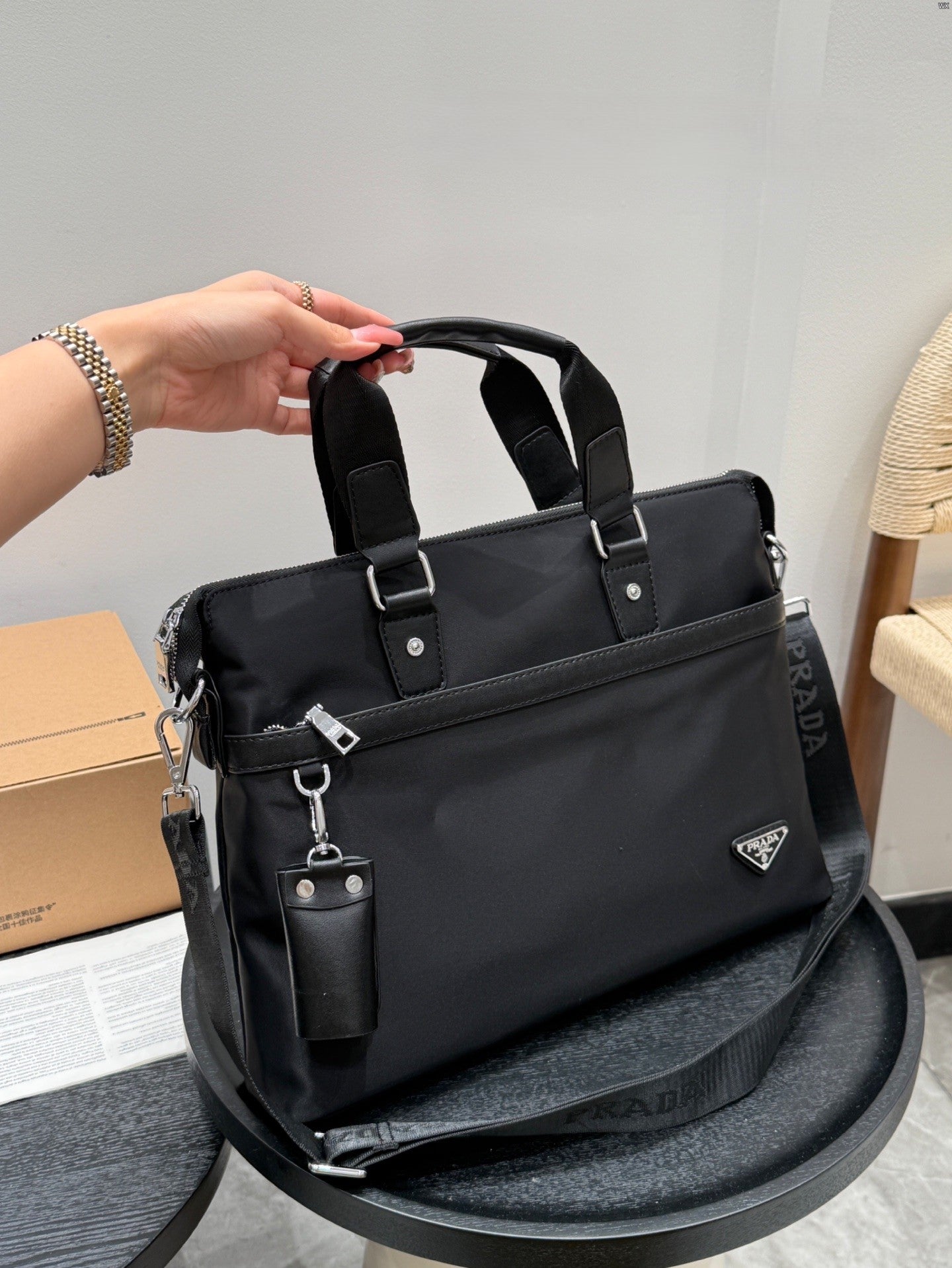 Prada Structured Handbag Oxford Cloth with Silver Hardware & Detachable Strap