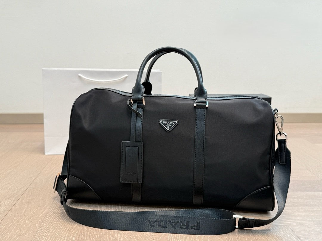 Prada Nylon Duffle Travel Bag – Black with Silver Hardware & Logo Strap