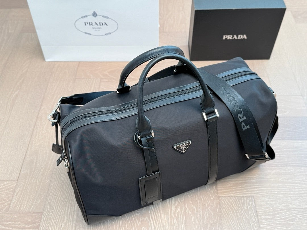 Prada Nylon Duffle Travel Bag – Black with Silver Hardware & Logo Strap
