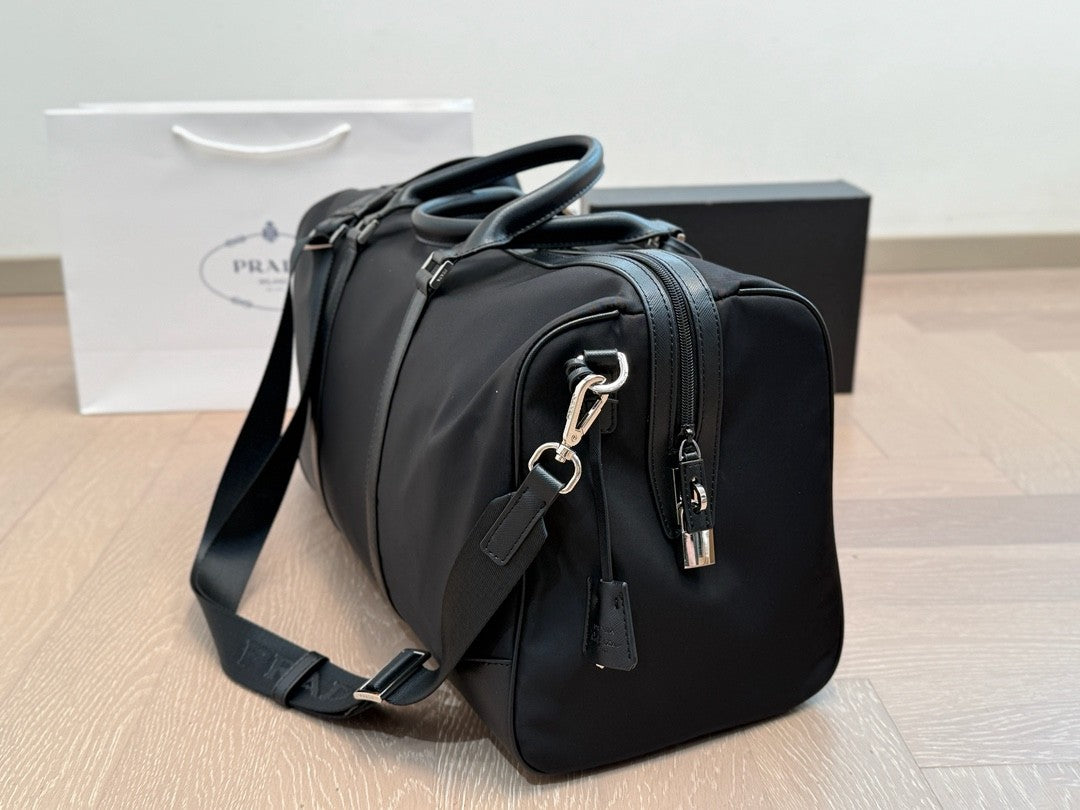 Prada Nylon Duffle Travel Bag – Black with Silver Hardware & Logo Strap