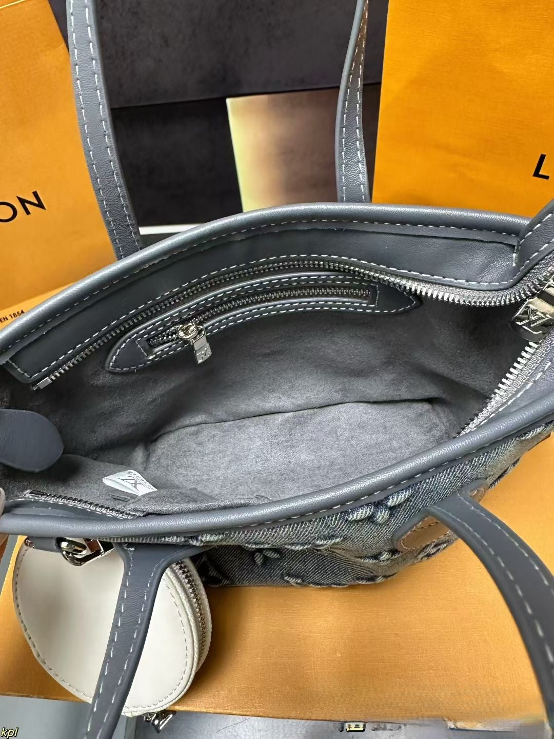 Louis Vuitton Monogram Tote Bag – Gray Canvas with White Strap & “So Cute!” Tag