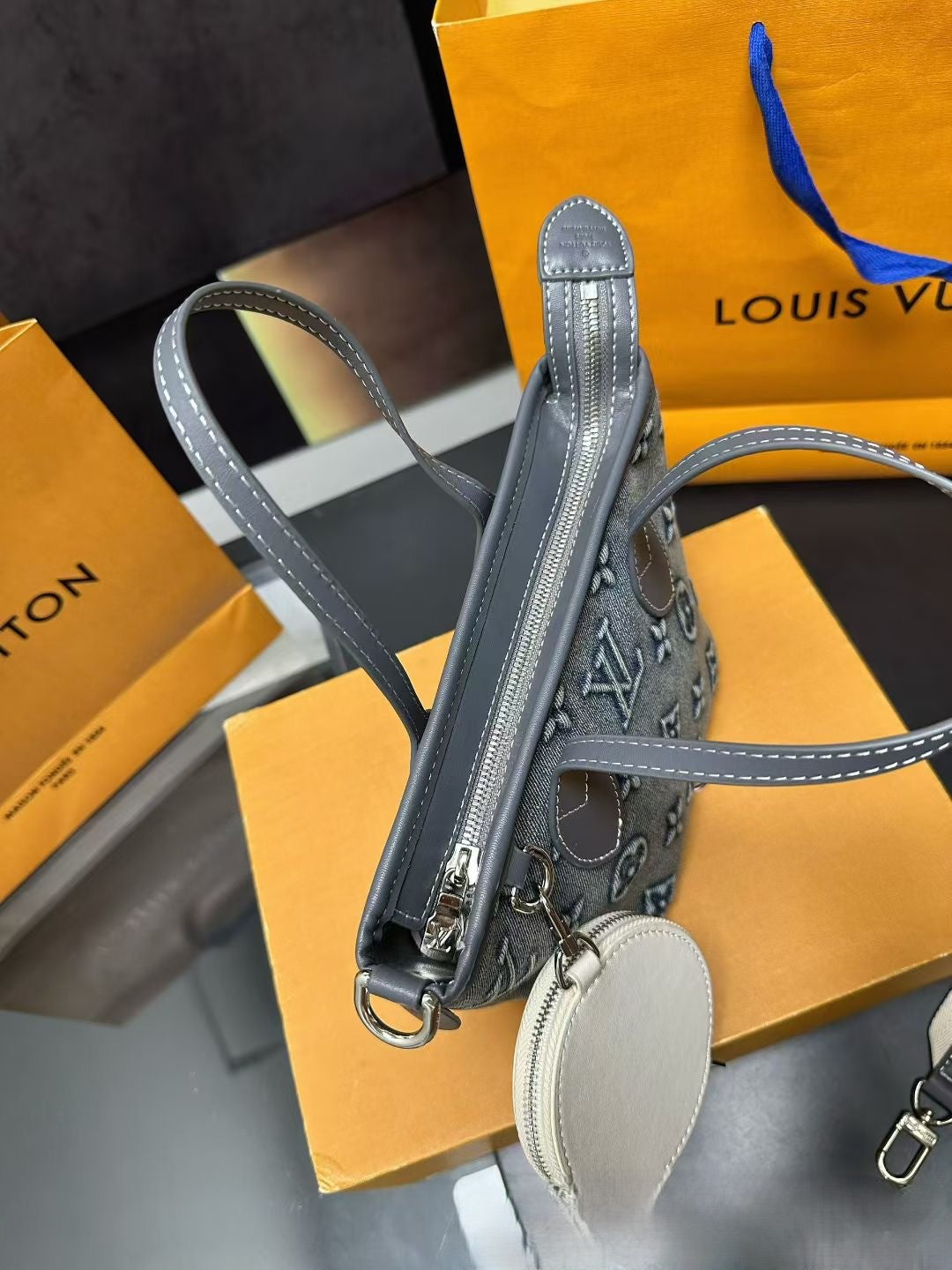 Louis Vuitton Monogram Tote Bag – Gray Canvas with White Strap & “So Cute!” Tag