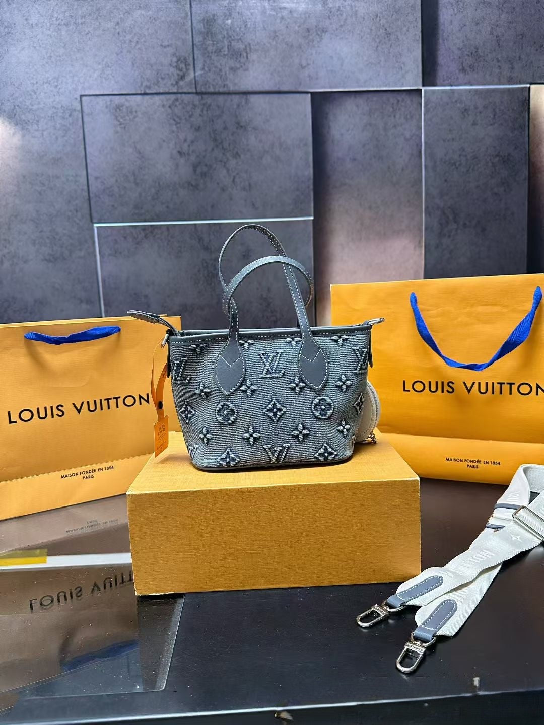 Louis Vuitton Monogram Tote Bag – Gray Canvas with White Strap & “So Cute!” Tag