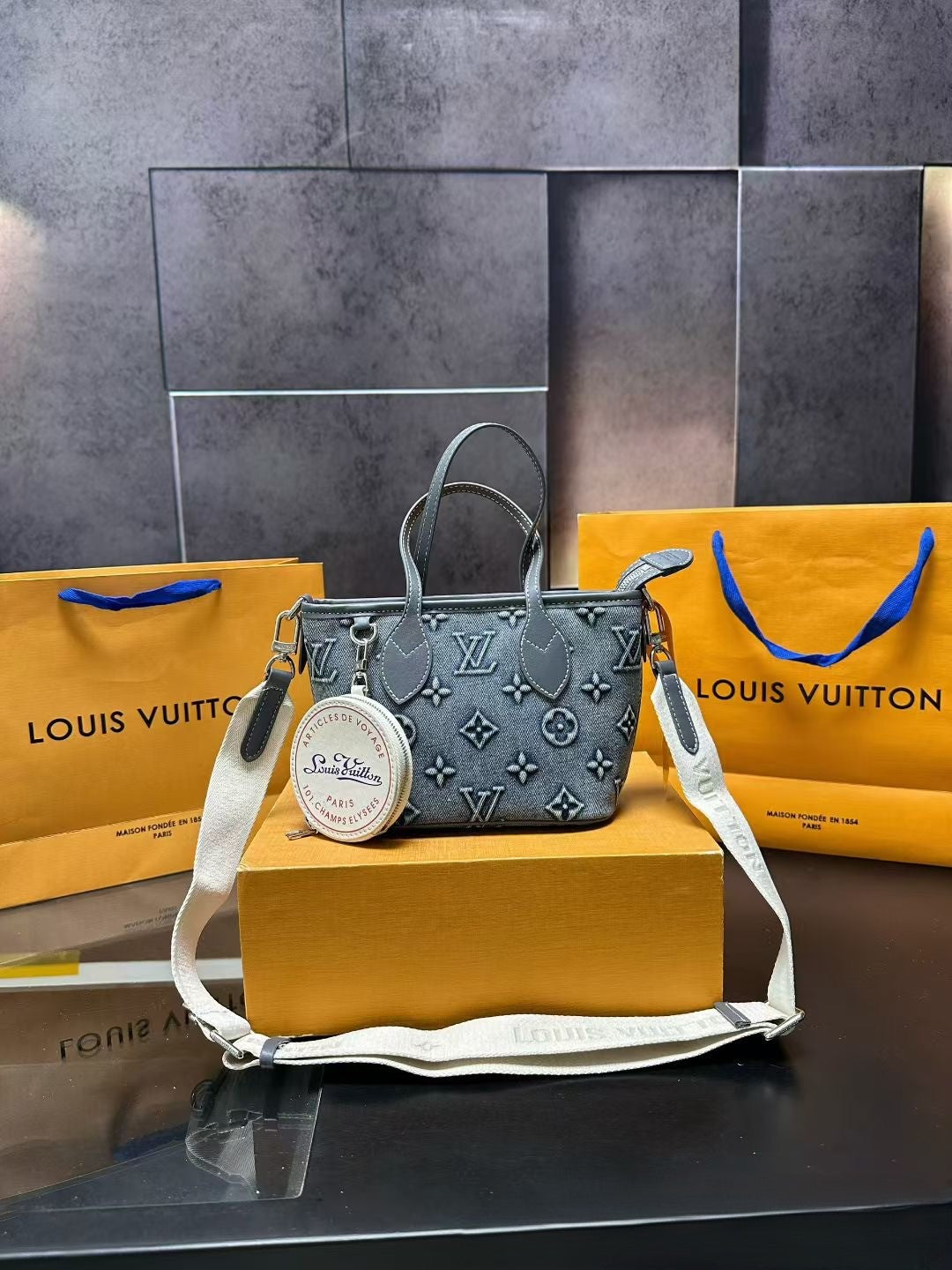 Louis Vuitton Monogram Tote Bag – Gray Canvas with White Strap & “So Cute!” Tag