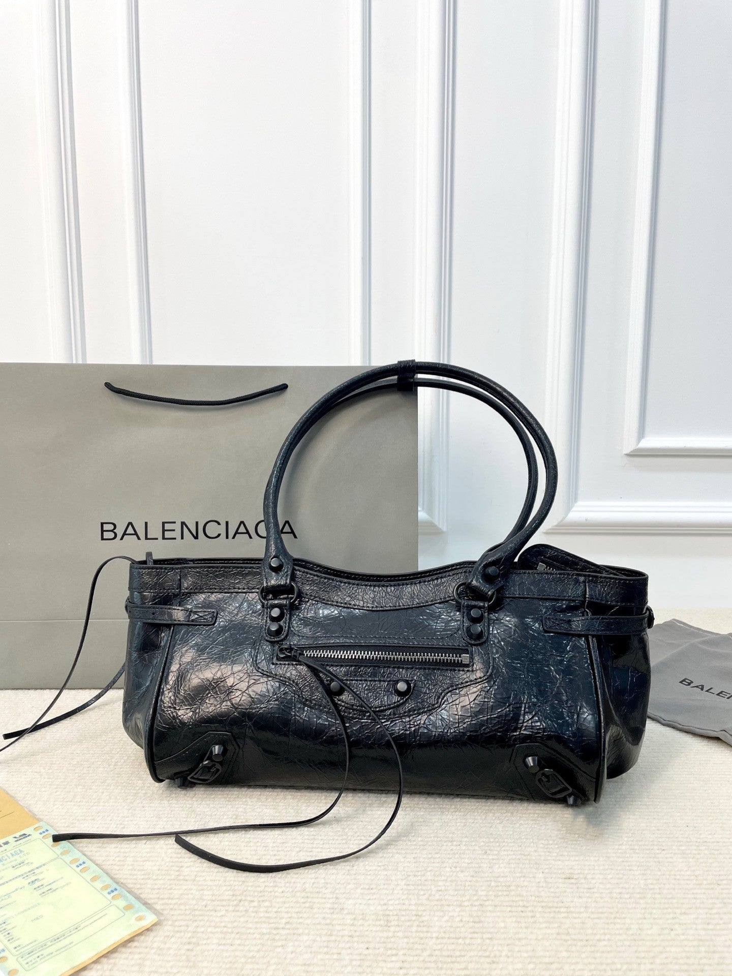 Balenciaga City Handbag Textured Black Leather with Silver Hardware