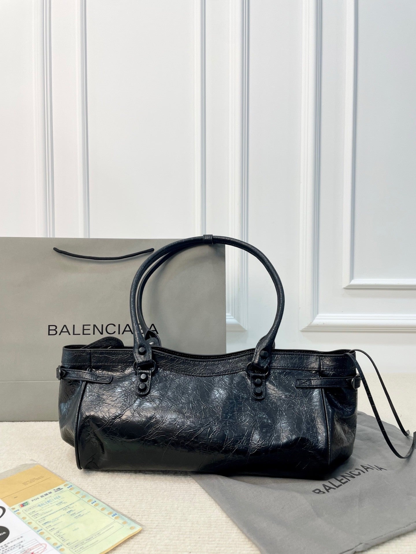 Balenciaga City Handbag Textured Black Leather with Silver Hardware