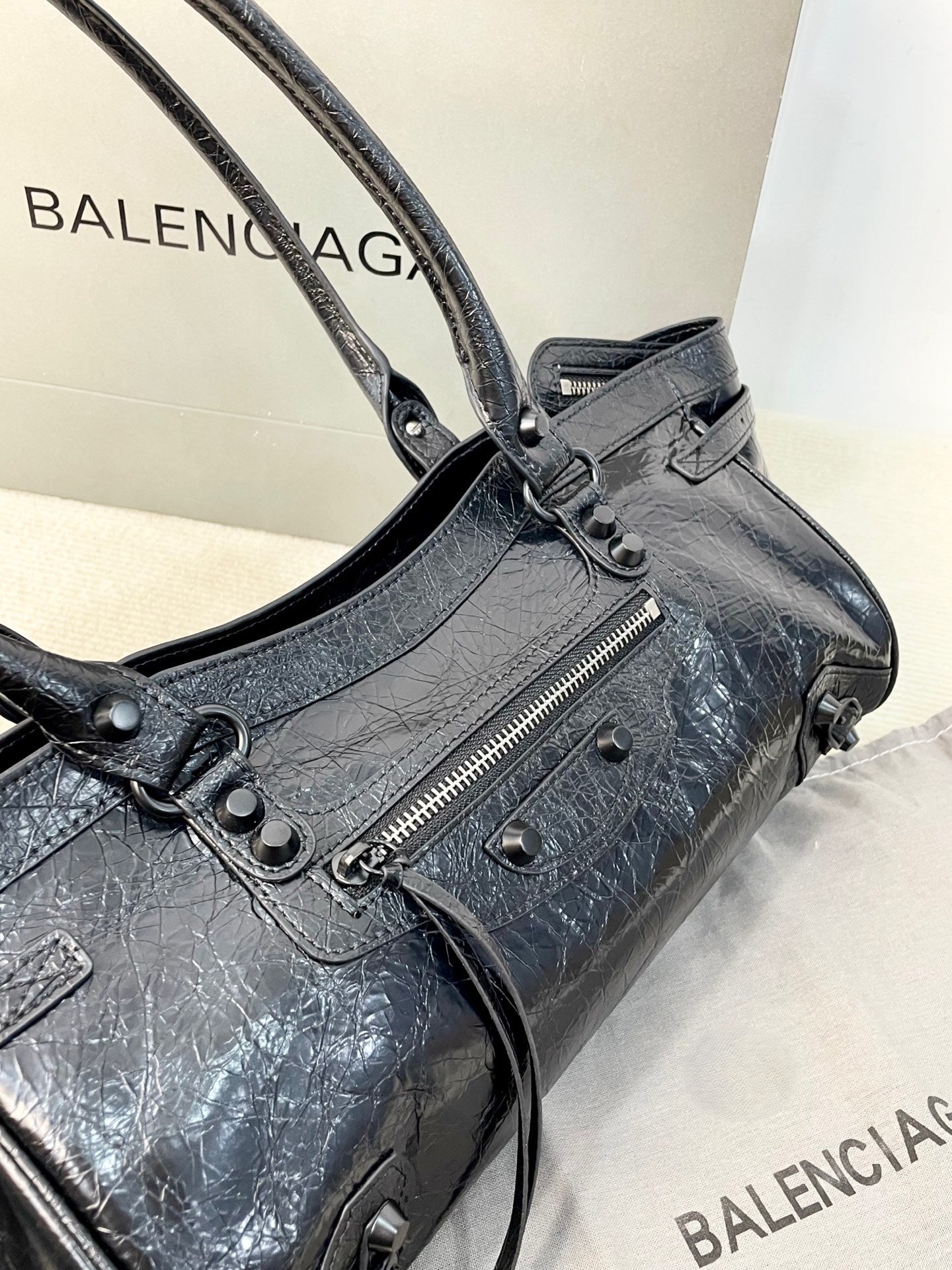 Balenciaga City Handbag Textured Black Leather with Silver Hardware