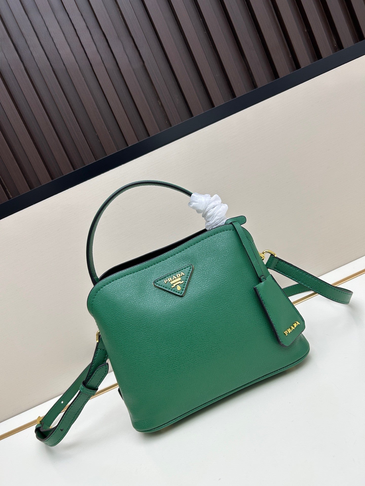 Prada Structured Handbag – Black with Gold Logo Plaque & Top Handle