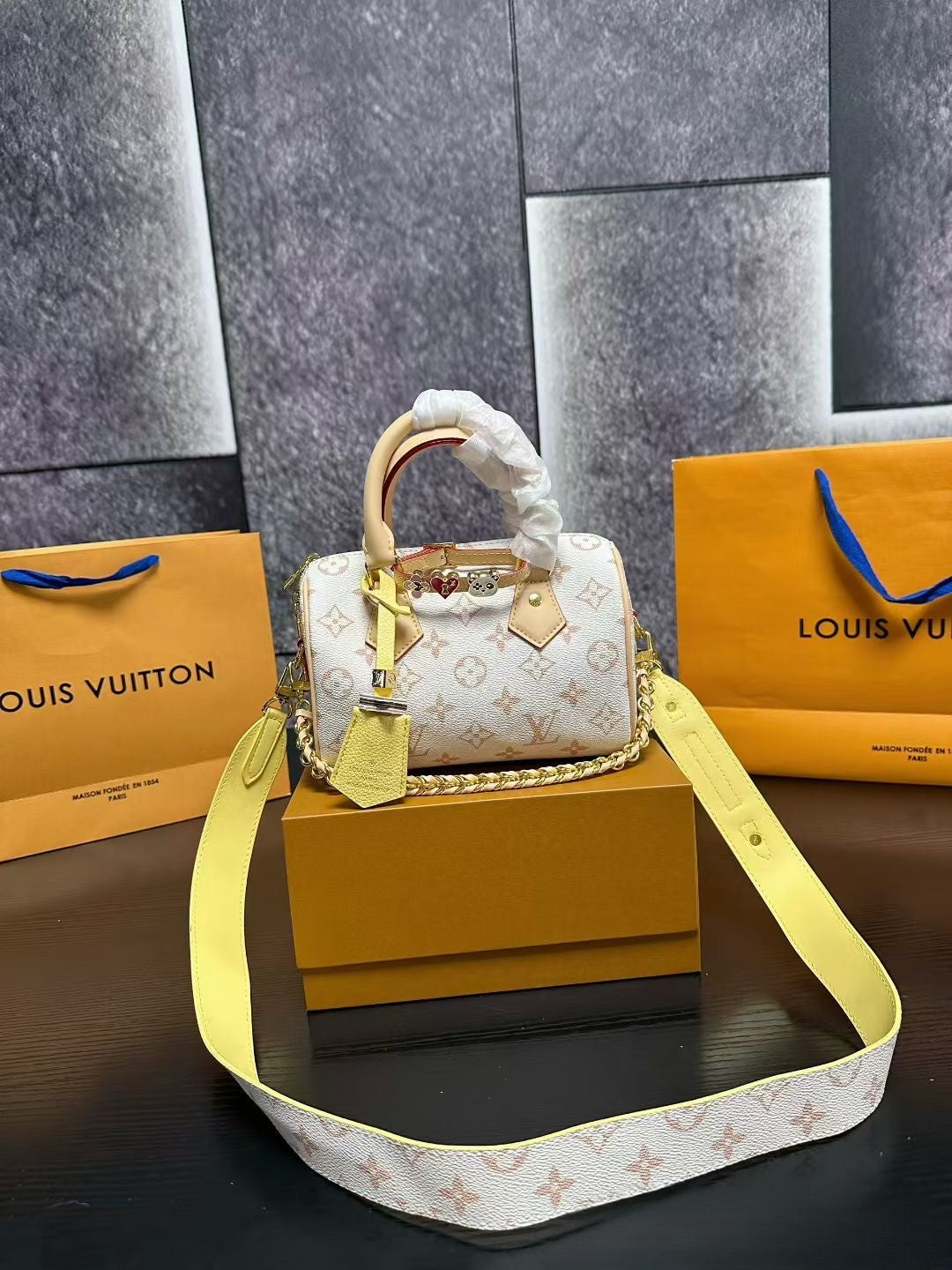 Louis Vuitton Chain Bag – White Monogram Canvas with Gold Hardware & Yellow Accents
