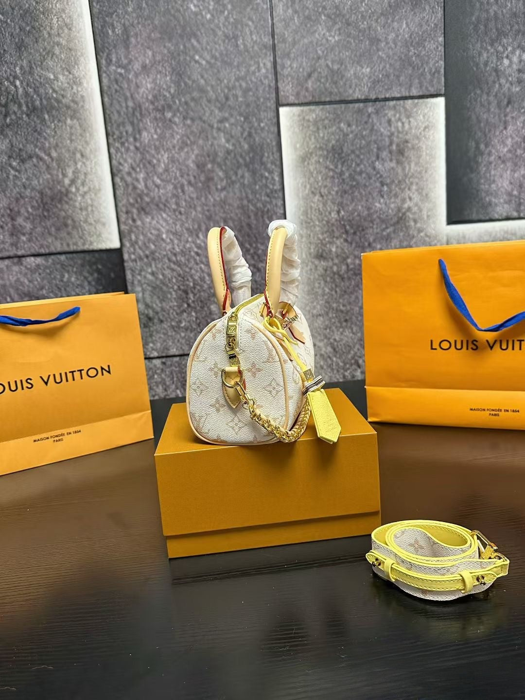 Louis Vuitton Chain Bag – White Monogram Canvas with Gold Hardware & Yellow Accents