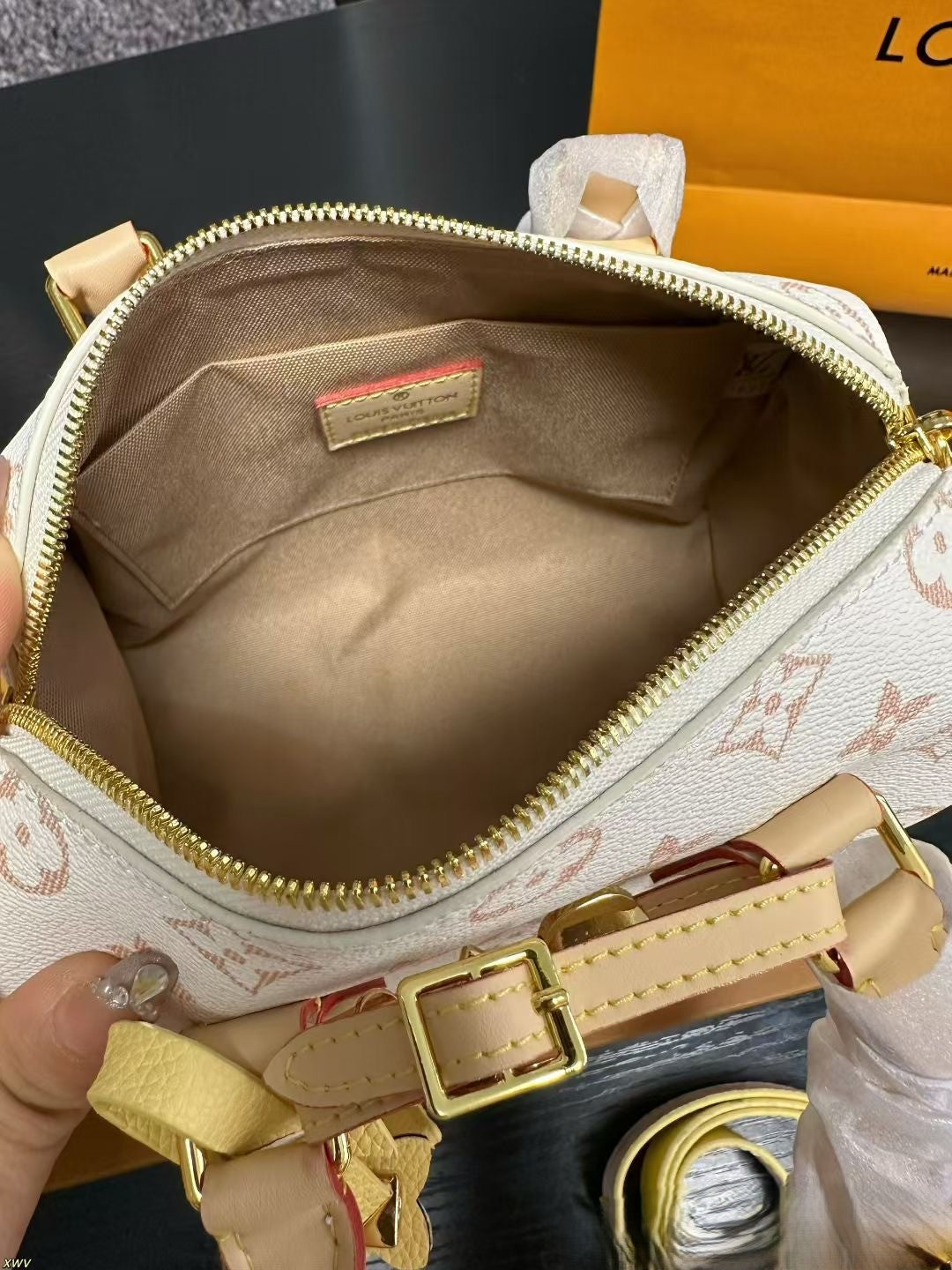 Louis Vuitton Chain Bag – White Monogram Canvas with Gold Hardware & Yellow Accents