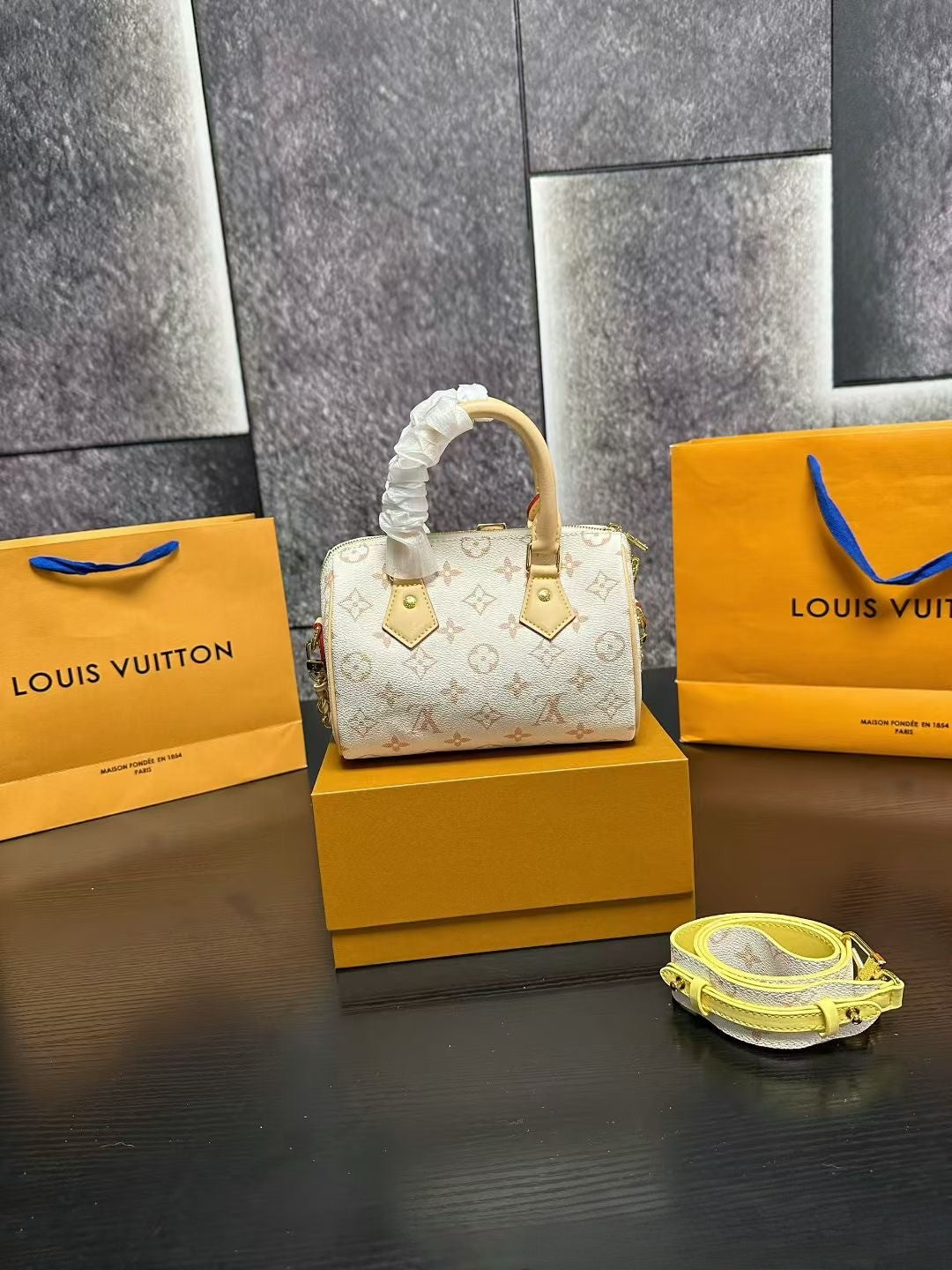 Louis Vuitton Chain Bag – White Monogram Canvas with Gold Hardware & Yellow Accents