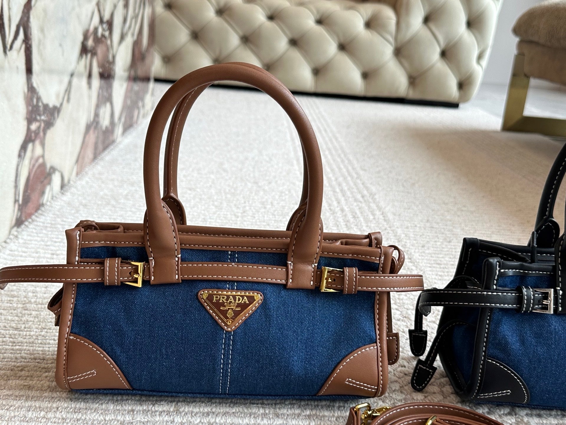 Prada Structured Handbag – Blue Denim & Black Fabric with Leather Accents